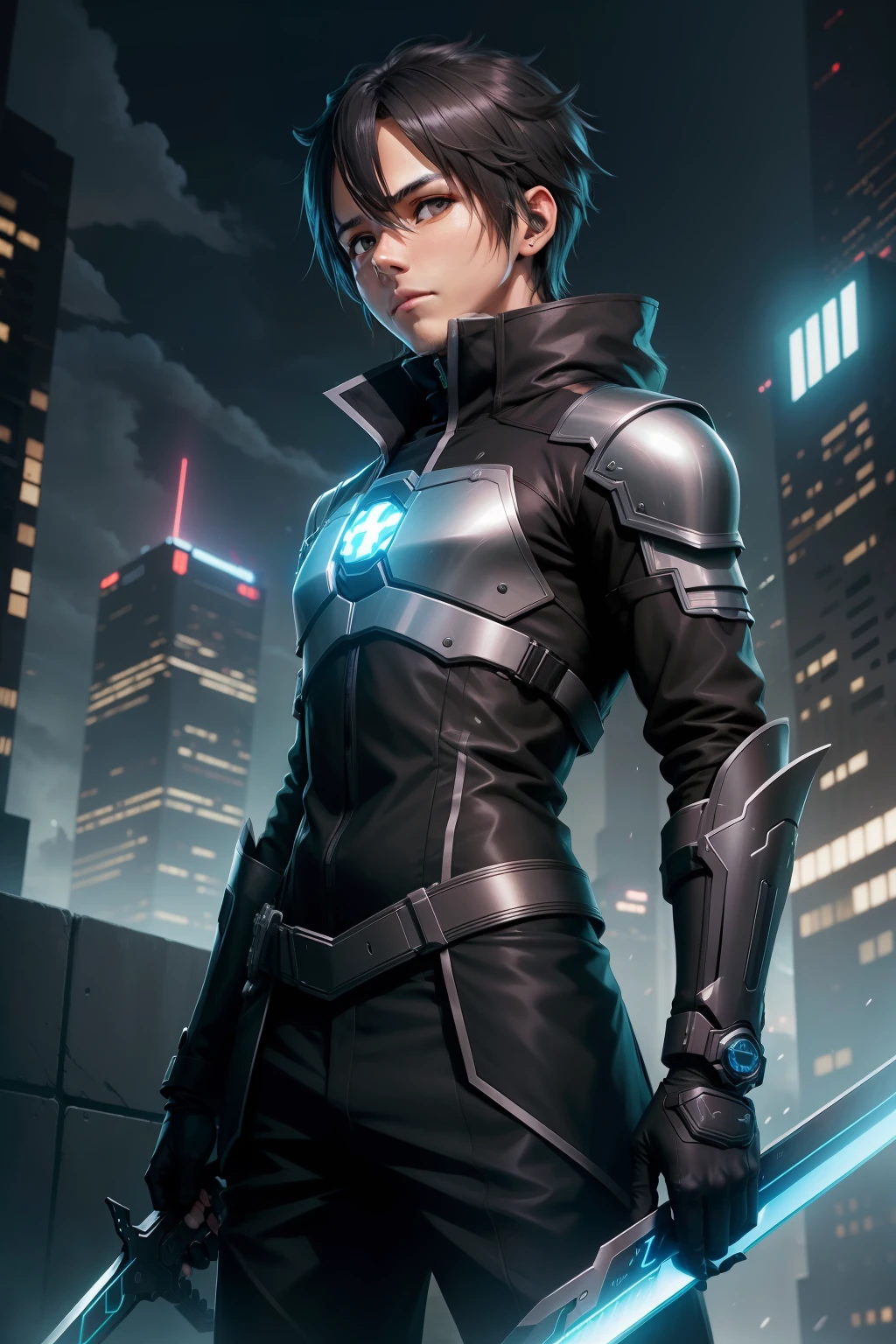 Kirito (Kazuto Kirigaya) bem detalhado, Sword Art Online com um visual futurista, Aura misteriosa, e uma postura confiante. The agent must have technological clothing and advanced weaponry, The background of the image should depict a futuristic city at night, with bright skyscrapers and a cybernetic atmosphere, bem detalhado, rosto detalhado sem erro.
