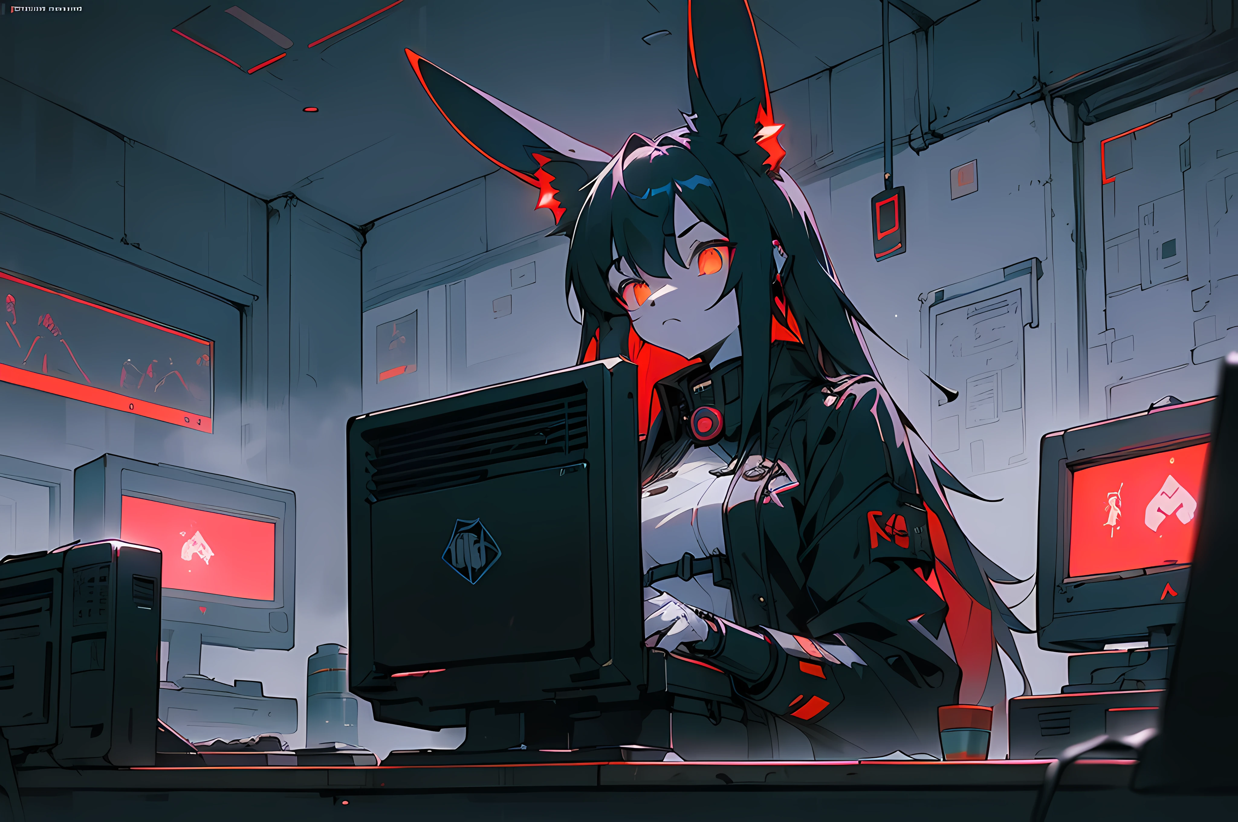 (((cyberpunk bleak bleak bleak dark black black black bleak gray))), vampire hunter d, (vintage vhs), (crt screenshot), (((dark scene))), (((dark cloudy scene))), (((angel's egg anime))), (((serial experiments lain anime))), (((dystopian basement scene))), (((unlit nighttime scene))), (((dark abandoned cyberpunk glowing screens lab house))), (((solemn black anthro kemono furry rabbit kommisar gestapo officer fighter with uniform and tall bunny ears exploring old computer screens))), (((cyberpunk dystopian headquarters filled with glowing computer monitors and red screens))), anime black rabbit gestapo with futuristic hair and piercing glowing eyes and tall bunny ears commander, anime art, anime aesthetic, (((old electronics in background cel art))), kemono anime rabbit man, wearing cybernetic bunny ears, angry male fighter --v6