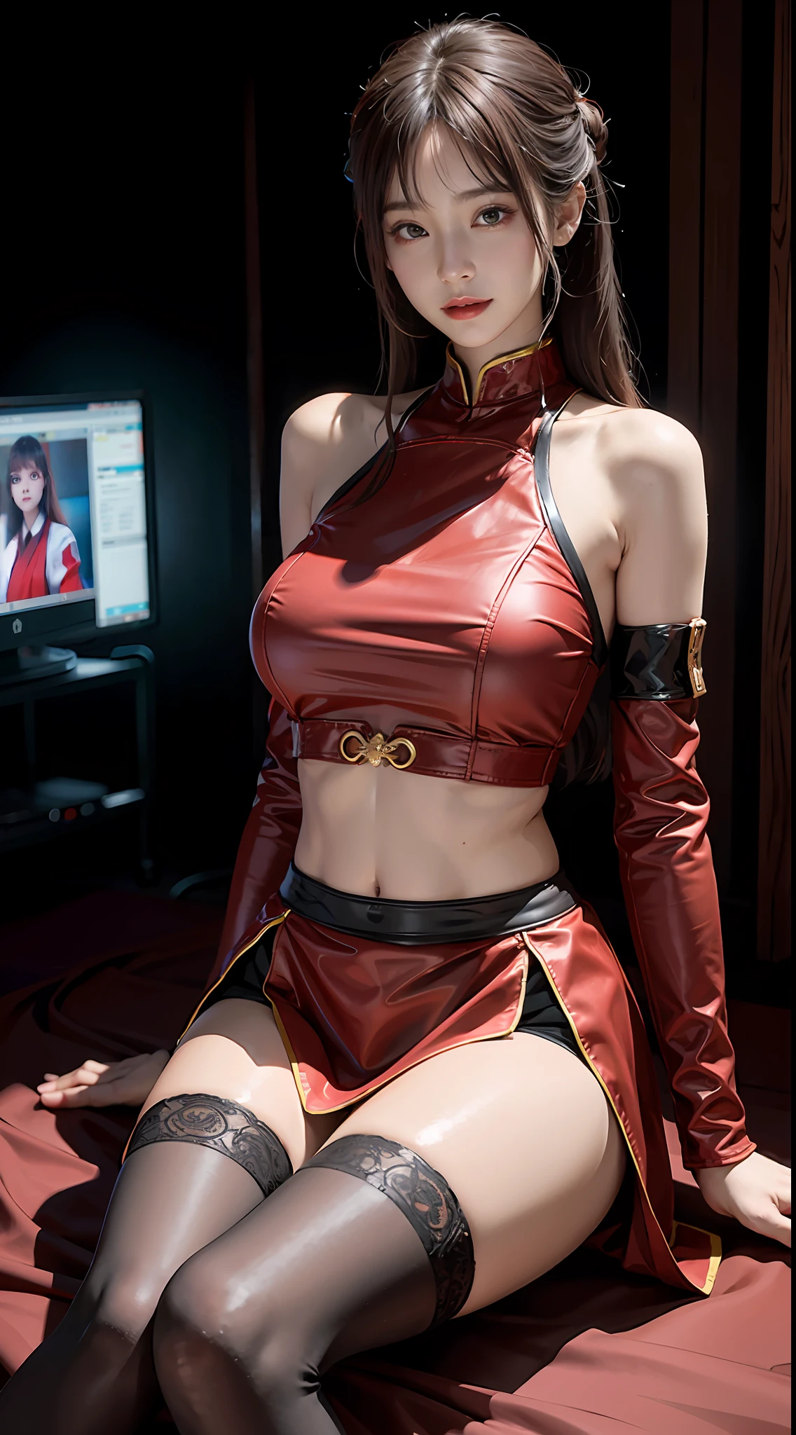 Masterpiece, 1 beautiful girl, Detailed, Swollen eyes, Top quality, 超高分辨率, (reality: 1.4), Original photo, 1girll, Cinematic lighting, Smiling,(huge tit) ,Asian beauty, Korean female, Clean, Super beautiful, little young face, Beautiful skin, Slender, Cyberpunk background, (Ultra photo realsisim), (high resolution), (8K), (Very detailed), (Best Illustration), (Beautifully detailed eyes), (Super detailed), (the wallpaper), (Detailed face), audience looking, finedetail, Detailed face, pureerosfaceace_V1, Smiling, 46-point oblique bangs, Staring straight ahead, Neat and clean clothes, Black colored eyes, Red armor, Traditional Japanese red armor, Short skirt, The hair color is bright red, body facing front, nice thigh,black lence stockings,Transparent top