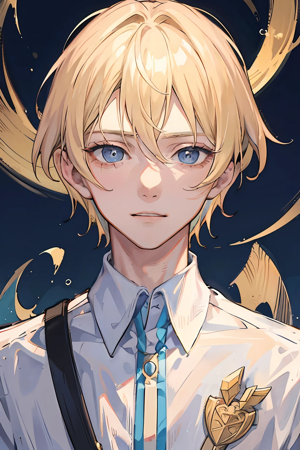 1 boy, blonde hair, blue eyes, 20 years old, cold face, smirk slightly