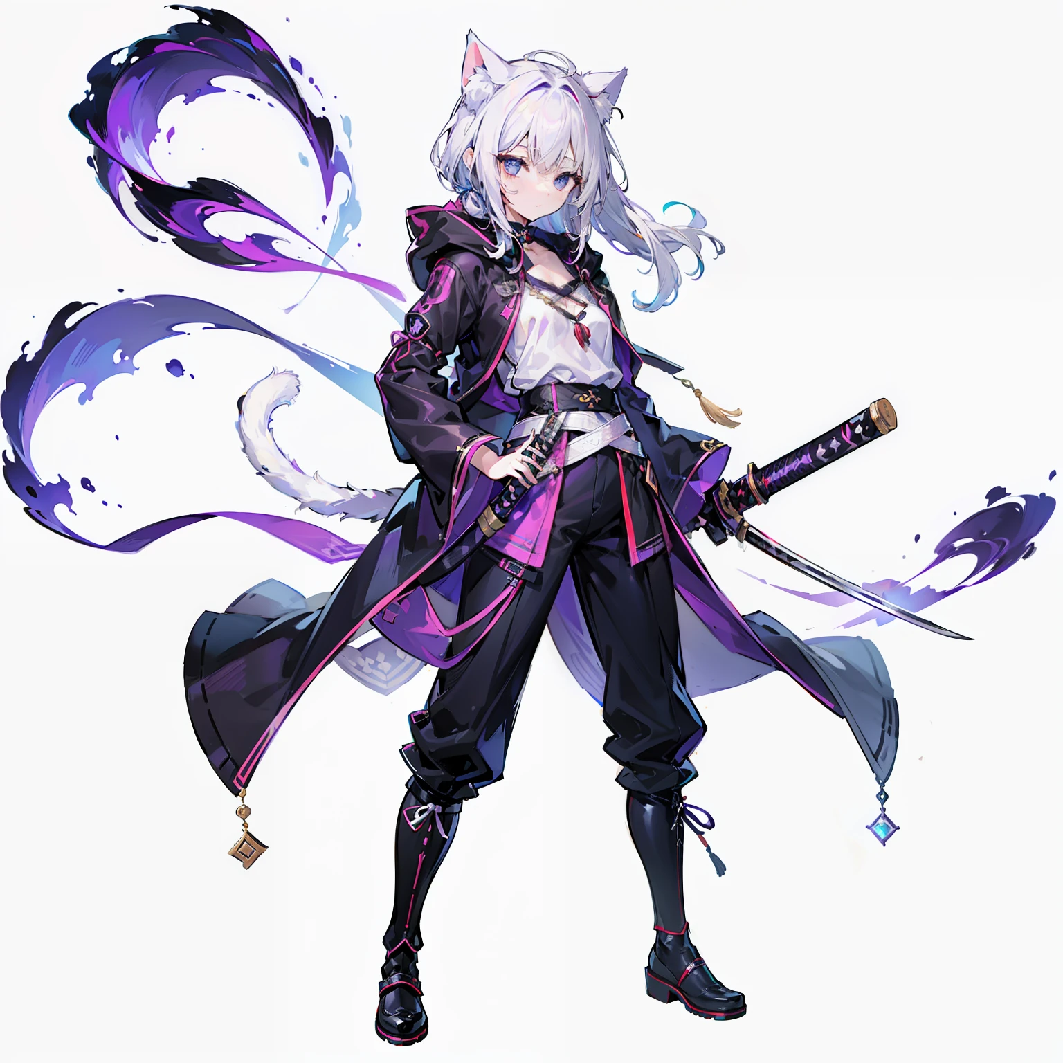 1girll，独奏，(Loli figure)，（（（White color hair））），（flatchest），Delicate face and beautiful eyes，Delicate hair，A particularly long strand of lateral hair)，(Cat ear hood)，One eye is covered by a hood，围巾，(White background 1：：5)，Standing painting style，((full bodyesbian))，（A detailed eye），Leg straps，Purple and black cyberpunk jacket，long trousers，katana swords，Lightning background