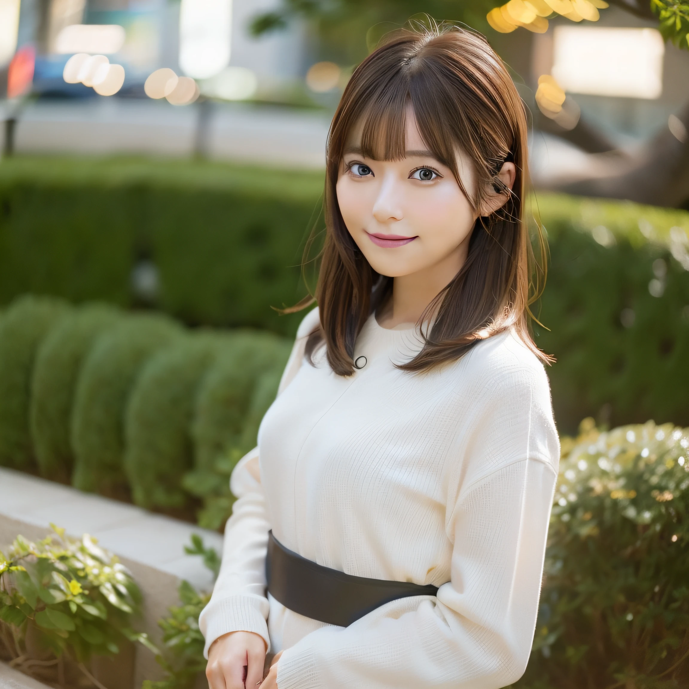 8k RAW photo,Best Quality, top-quality:1.1, masterpiece:1.3,超A high resolution, (Photorealistic:1.4), Raw photo, (upper thigh:1.3, From Side:1.1), natural skin textures:1.1, realistic eyes and face details:1.1, Full lips,(Bokeh:1.4), (in a suite), 1日本人の女の子, Cute, (Solo:1.6), (Shy smile), (Dark brown eyes), Smooth skin, (Brown medium hair,Bangs), (touch hair:1.4),nogizaka,a park,suits、full bodyesbian、:1.3、Officelady:1.2