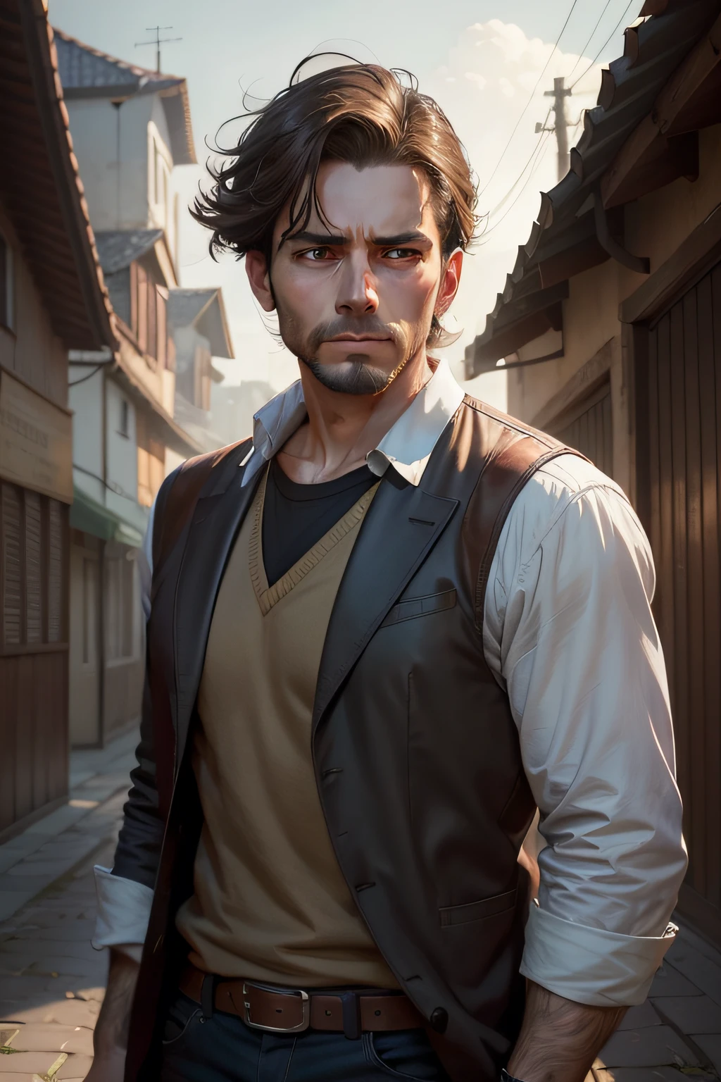 There's a man with brown hair, feliz, uma camisa grisalha, Stefan Koidl inspirado, cinematic bust portrait, inspirado em Marius Borgeaud, Arte conceitual 4K e hiper realismo, simon stälenhag, James Gurney Cinematic Lighting, Sergey Kolesov Arte conceitual, James Gurney Estilo de pintura, Greg Rutkowski. cinemactic, imegem preta e branca
