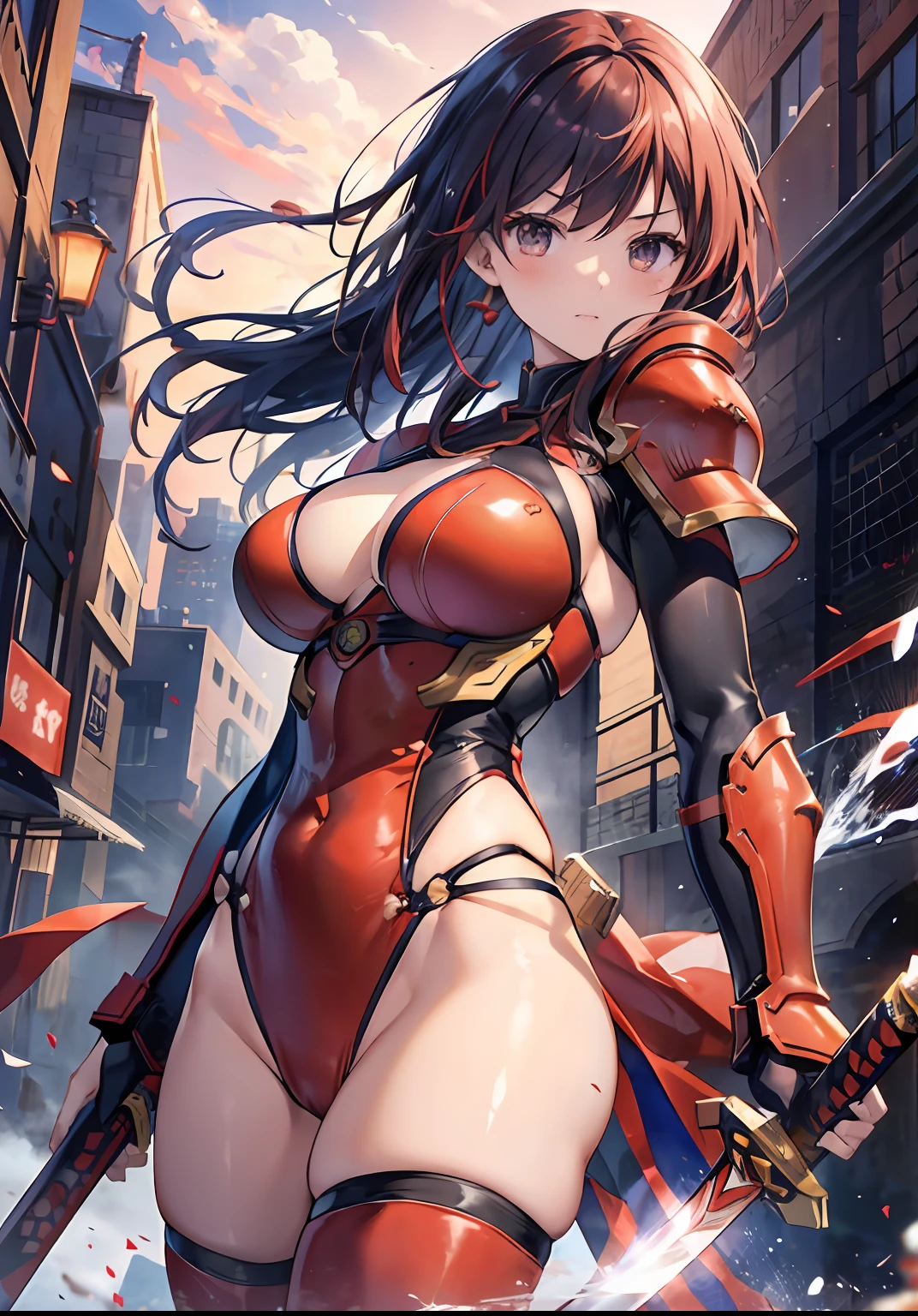 Fist of the Hiryu 3、Minimum, minimum、Close-up photo of a woman in red armor、knights of zodiac girl、Gainax anime style incorporating the style of Masamune Shiro、katana zero video game character、Reminiscent of Konami's concept art、Reddish-purple armor that wraps around the whole body、Japanese Katana Sword、Sword、Intense charisma floating throughout the body、Cut out thrilling and exciting action scenes、Overwhelming power and energy。