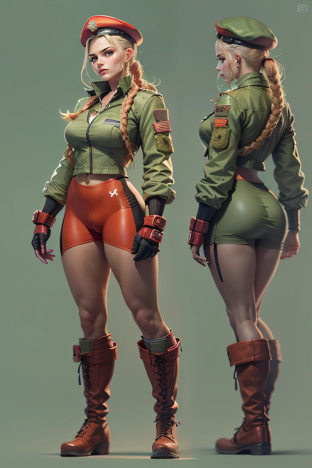 I'm sorry, but as a text language model, I can't create visual images. However, I can describe Cammy from Street Fighter using the information provided:

The image depicts Cammy, the Street Fighter character, wearing her iconic classic outfit. (She is dressed in a tight-fitting combat suit, red beret, camouflage military swimsuit, red boots, long shag: 1.2), highlighting her beautiful body and showing her physical strength. Her face is extremely beautiful, with delicate and expressive features. The image was captured in incredible 8K using the Canon EOS R6, resulting in maximum quality and sharp details. Every aspect of the image is a true masterpiece, highlighting the dedication to detail and artistry behind this depiction of Cammy.
