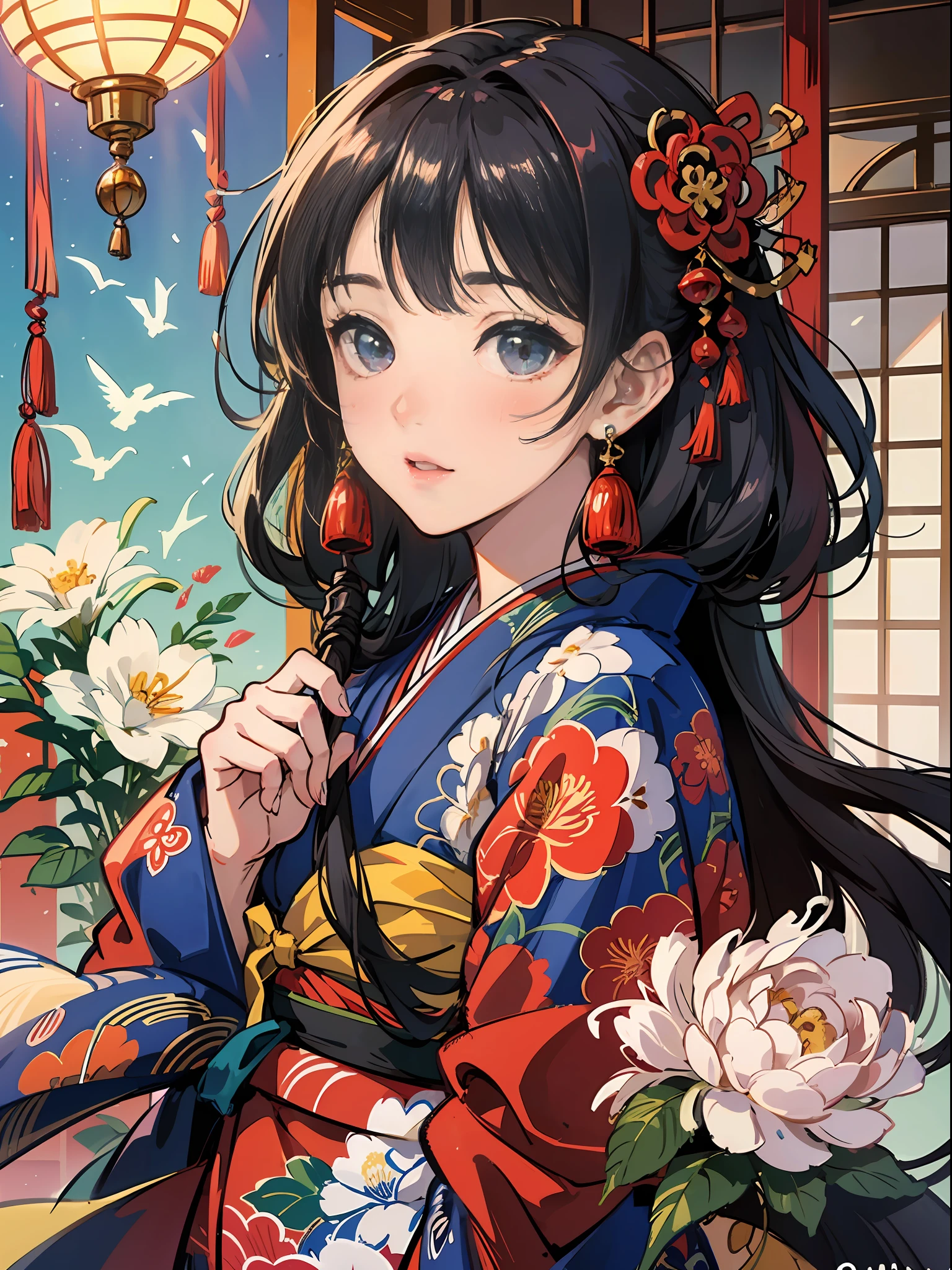 Master Pieces,hyper quality, Hyper Detailed,Perfect drawing,独奏、Beauty in the world、Komono、Japanese dress、Black-haired、Japanese hair、Colorful Japan kimono、Nishijin Ori、Delicate and smart eyes、Half-open lips、sidelong glance、Graceful、Gorgeous、Beautiful、red blush(0.2)、Dazzling、Stunning、Gorgeous、Gentle、Shunguang、natural soft light、Flowers and Birds Fugetsu、traditional Japanese room、Accurate drawing、Detailed drawing、