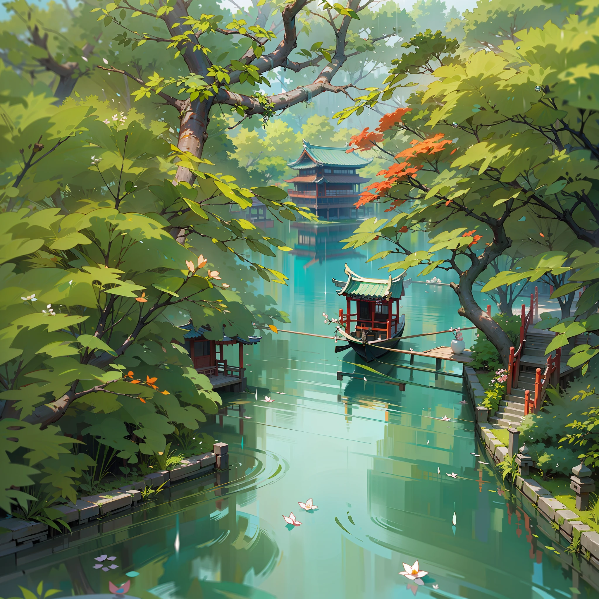 Spring has sprung，Grandiose scenes，Gangnam scenery，Flowers red willow green，Turquoise Lake（Turquoise Lake × 2.0)，Calm lake，West Lake view，A small boat with a colorful canopy（There is only one），On board sat an ancient Chinese poet（only one），【The boat contrasts with the wide lake】，Drizzle（Rainy days），rain，Mist，Green trees，Faraway view，a sense of atmosphere，China-style，In the distance, A corner of the pavilion looms，Ancient China，vibrant with colors，Rule of thirds composition, Highest image quality，visual shock。