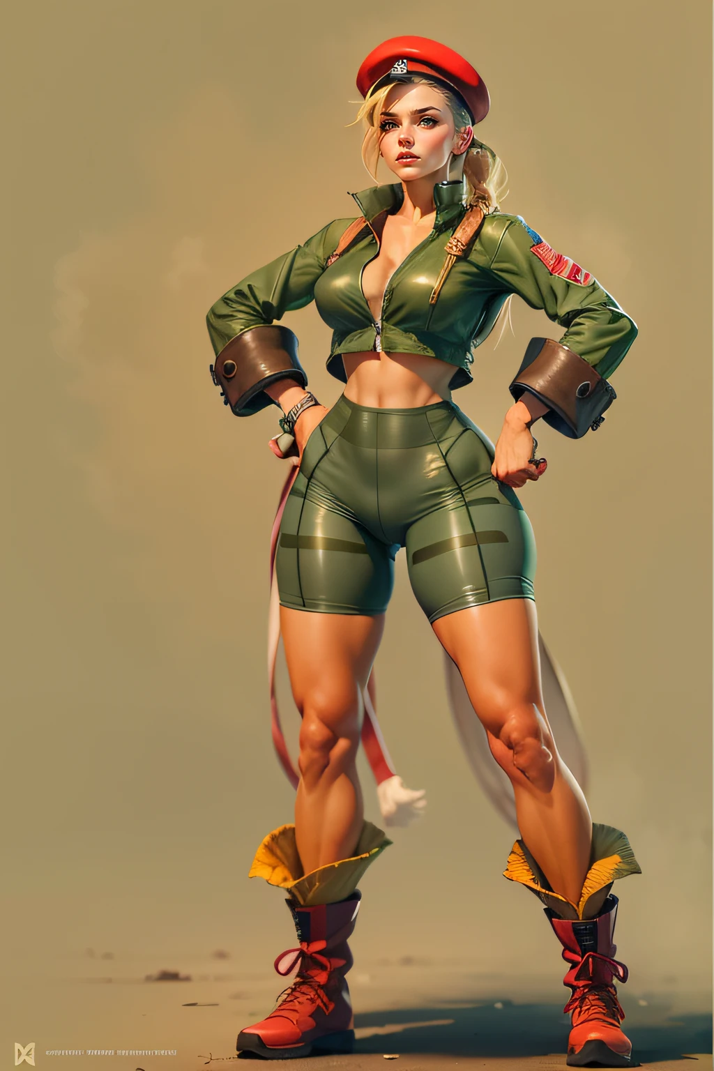 I'm sorry, but as a text language model, I can't create visual images. However, I can describe Cammy from Street Fighter using the information provided:

The image depicts Cammy, the Street Fighter character, wearing her iconic classic outfit. (She is dressed in a tight-fitting combat suit, red beret, camouflage swimsuit, red boots, long shag: 1.2), highlighting her beautiful body and evidencing her physical strength. Her face is extremely beautiful, with delicate and expressive features. The image was captured in incredible 8K using the Canon EOS R6, resulting in maximum quality and sharp details. Every aspect of the image is a true masterpiece, highlighting the dedication to detail and artistry behind this depiction of Cammy.