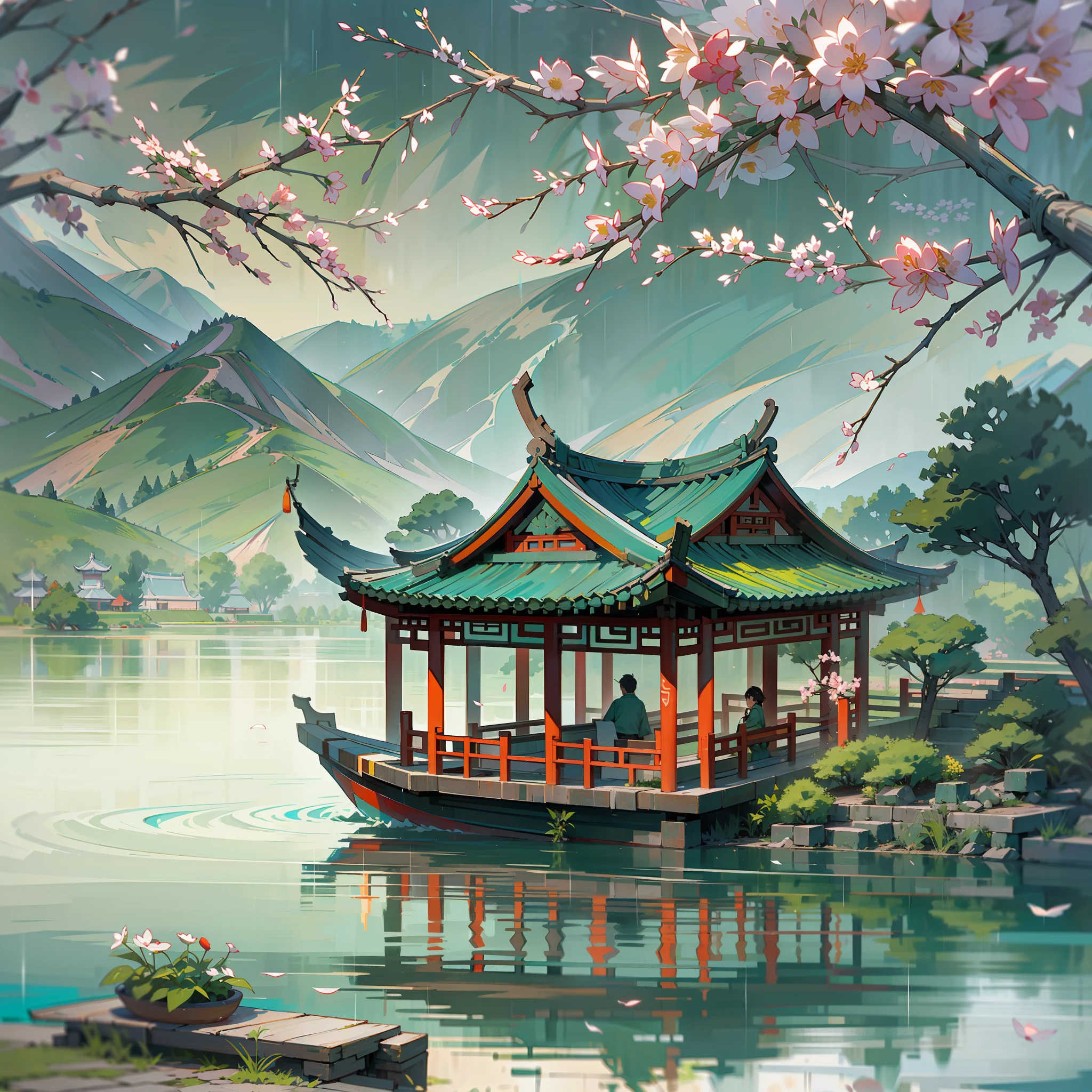 Spring has sprung,Grandiose scenes,Gangnam scenery,Flowers red willow green,Turquoise Lake(Turquoise Lake × 2.0),Calm lake,West Lake view,A small boat with a colorful canopy(There is only one),On board sat an ancient Chinese poet(only one),【The boat contrasts with the wide lake】,Drizzle(Rainy days),rain,Mist,Green trees,Faraway view,a sense of atmosphere,China-style,In the distance, A corner of the pavilion looms,Ancient China,vibrant with colors,Rule of thirds composition, Highest image quality,visual shock。