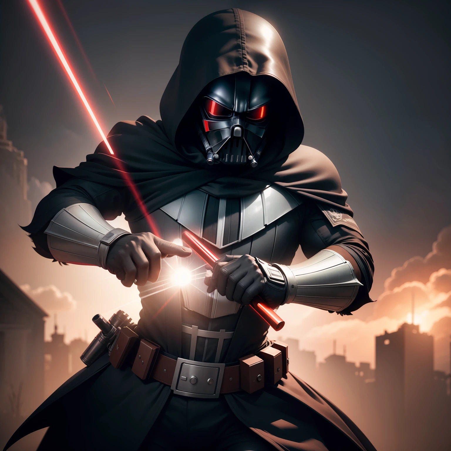 Hyper-realistic 8k octane rendering, feita em maya, Blender e Photoshop, cinematic atmosphere, dynamic dramatic cinematic lighting, anatomia correta e precisa, esthetic, digital illustation, alta resolução, um retrato altamente detalhado de uma mistura de darth vader com doutor estranho com capa , flutuante, e com sabre de luz vermelho