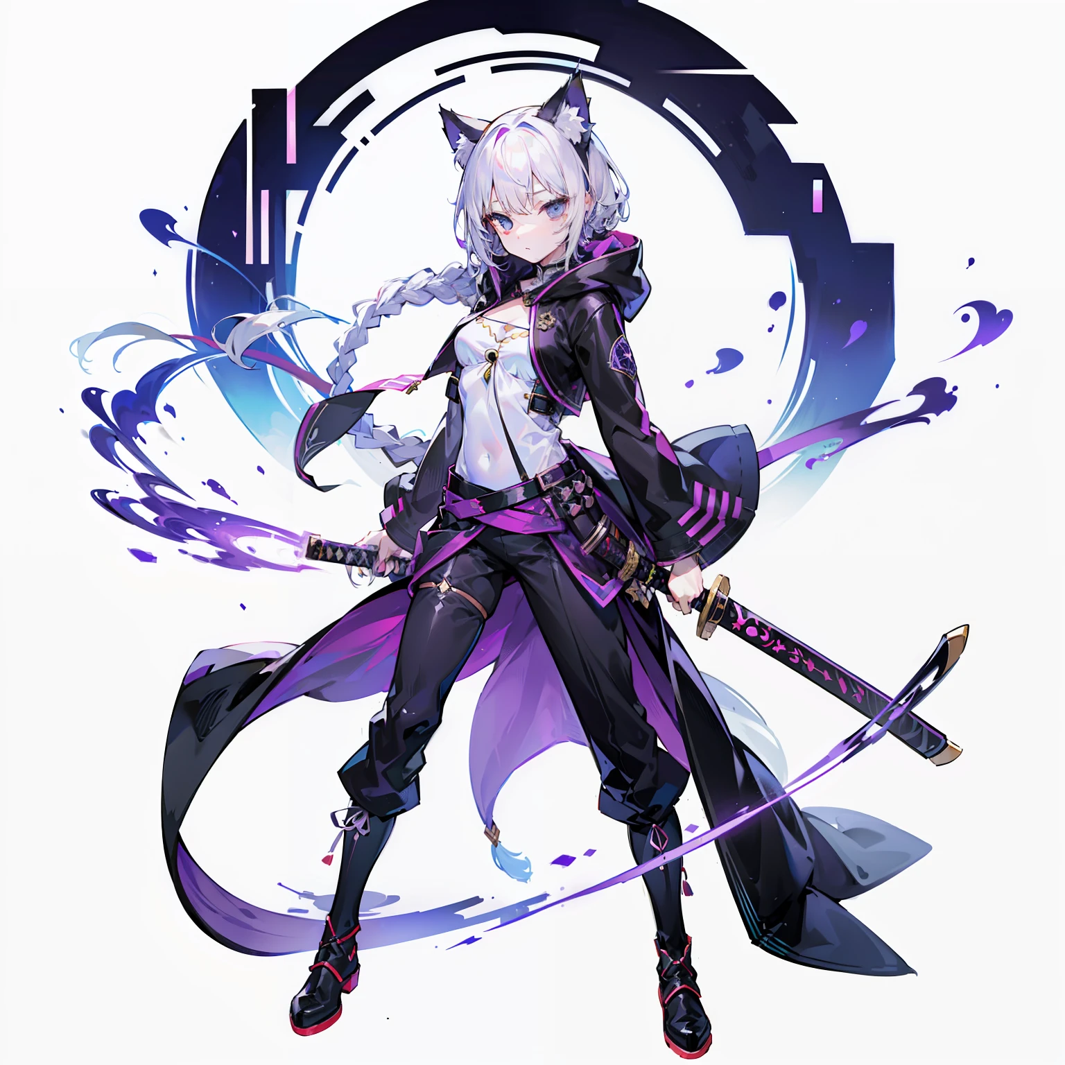 1girll,独奏,( figure),(((White color hair))),(flatchest),Delicate face and beautiful eyes,Delicate hair,A particularly long strand of side hair),(Cat ear hood),One eye is covered by a hood,围巾,(White background 1::5),Standing painting style,((full bodyesbian)),(A detailed eye),Leg straps,Purple and black cyberpunk jacket,long trousers,katana swords,Lightning background