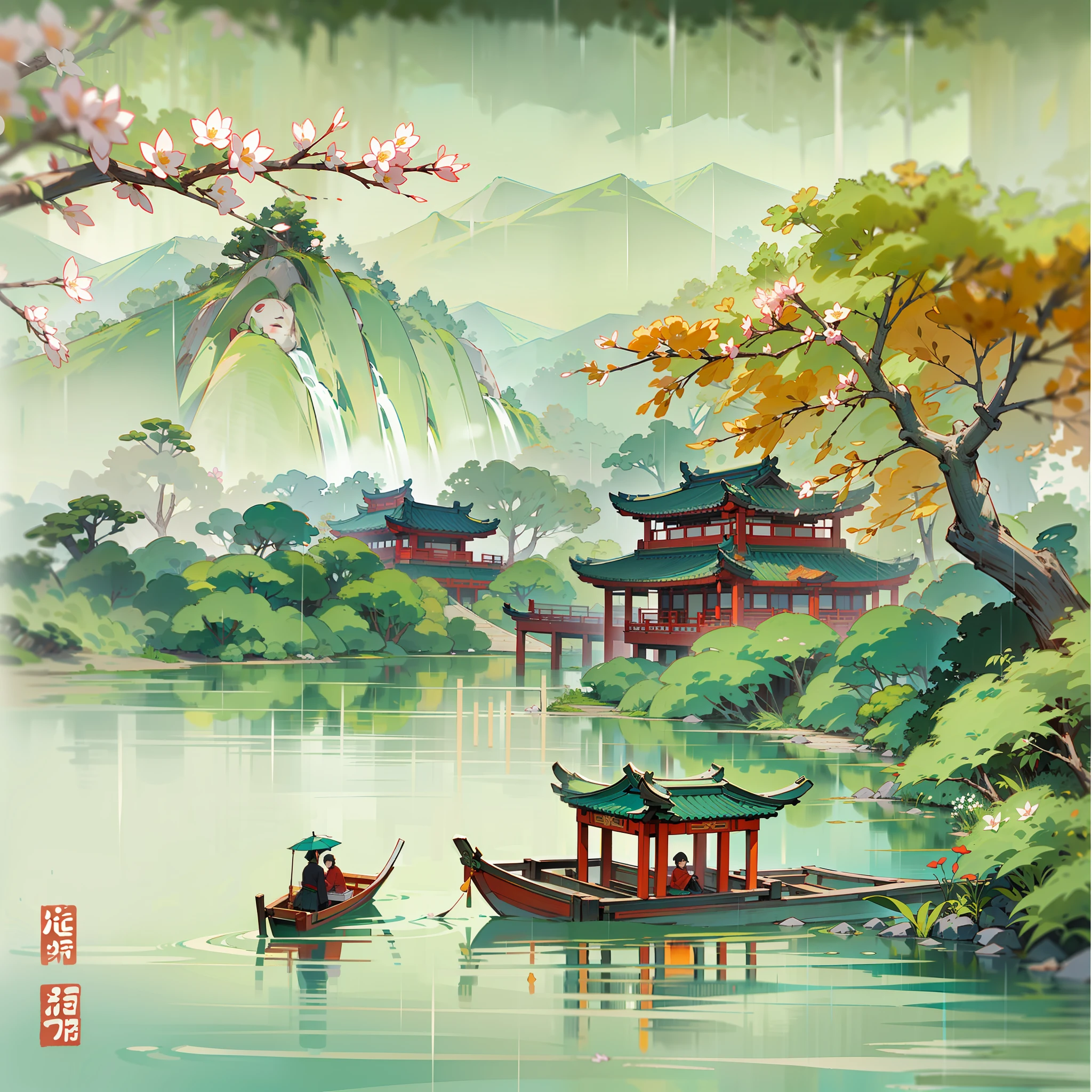 Spring has sprung,Grandiose scenes,Gangnam scenery,Flowers red willow green,Turquoise Lake(Turquoise Lake × 2.0),Calm lake,West Lake view,A small boat with a colorful canopy(There is only one),On board sat an ancient Chinese poet(only one),【The boat contrasts with the wide lake】,Drizzle(Rainy days),rain,Mist,Green trees,Faraway view,a sense of atmosphere,China-style,In the distance, A corner of the pavilion looms,Ancient China,vibrant with colors,Rule of thirds composition, Highest image quality,visual shock。