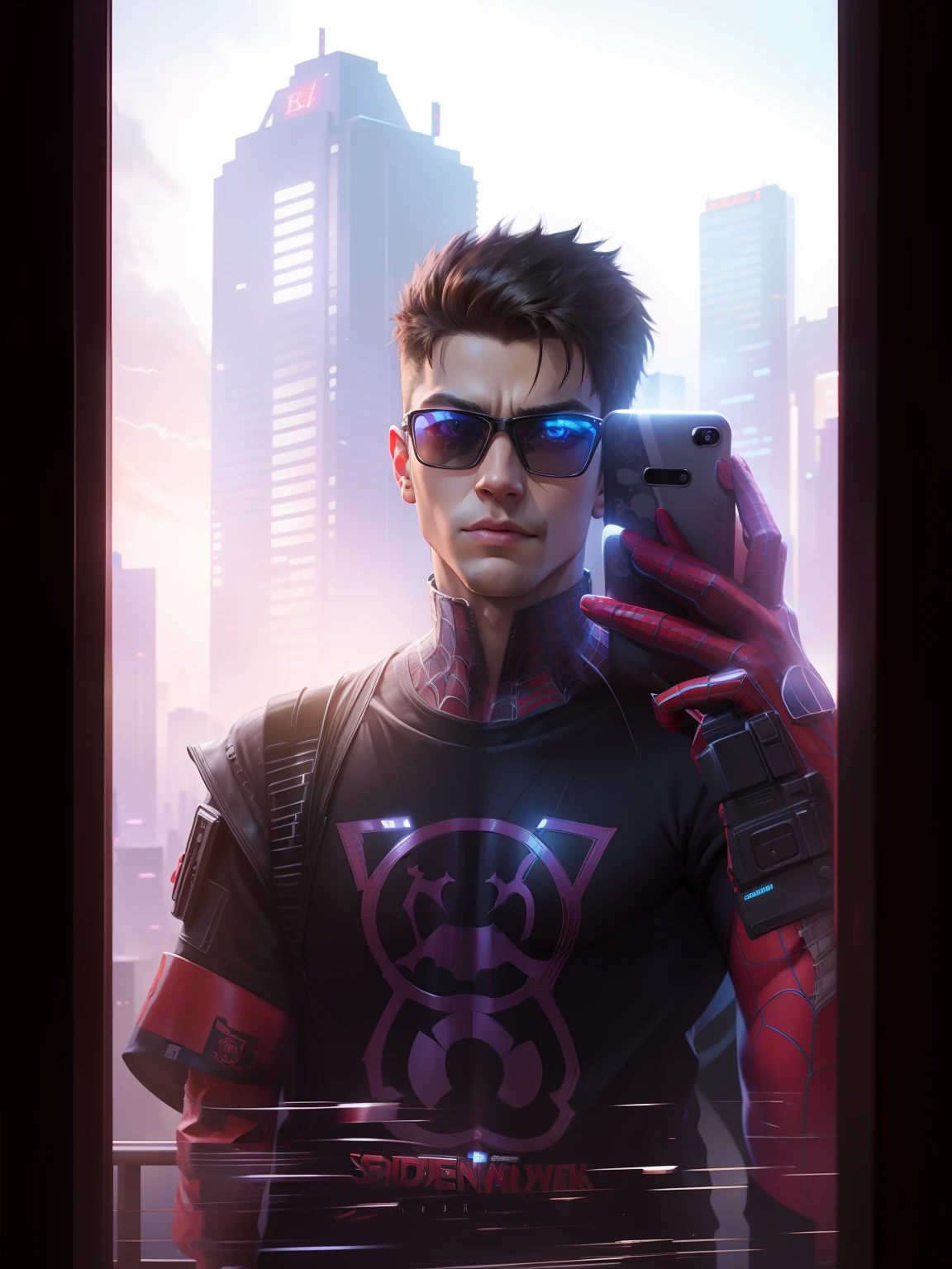 Change background cyberpunk cute boy in spider man dress, 8k, High quality realistic photo, spider man taking selfie with phone