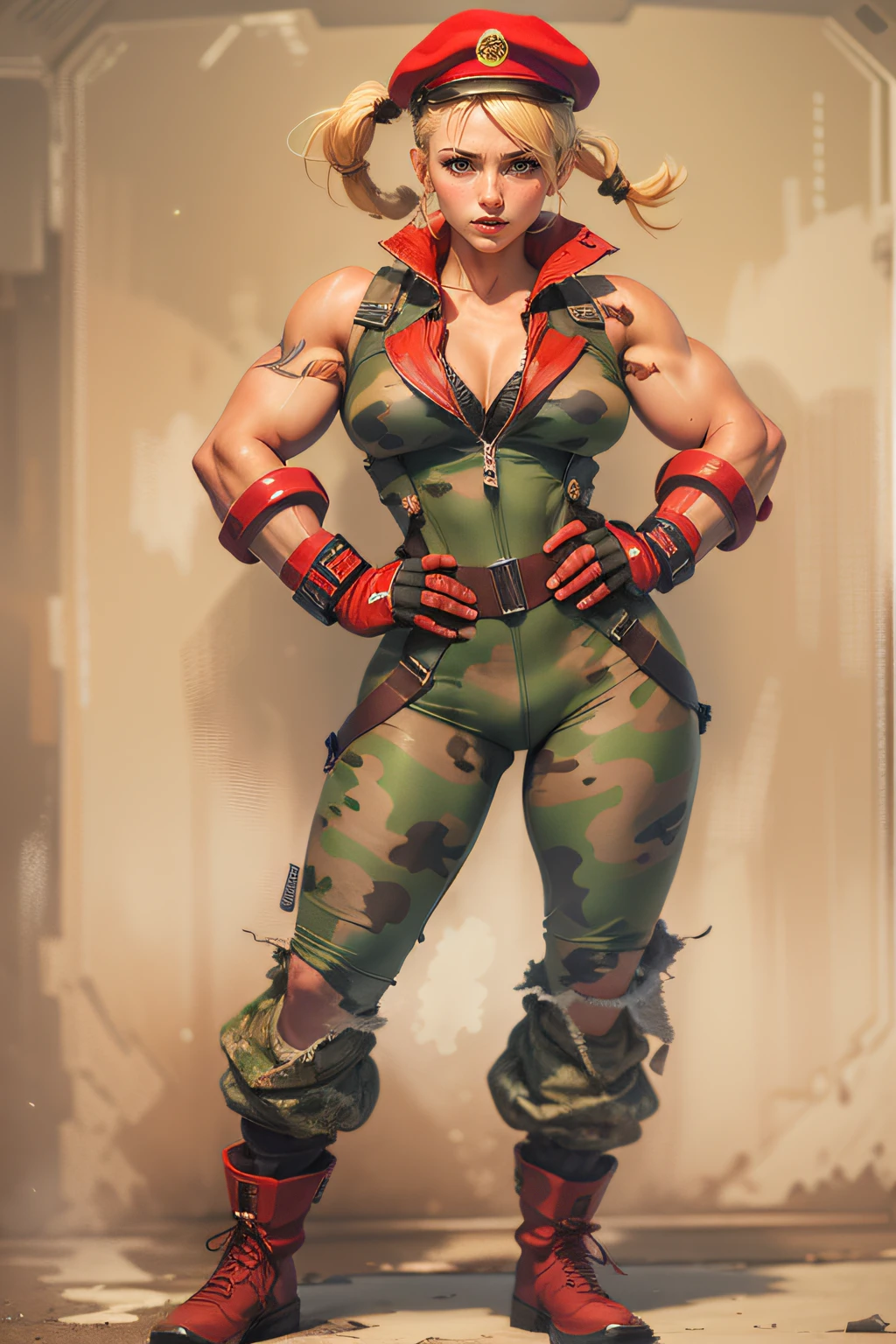 I'm sorry, but as a text language model, I can't create visual images. However, I can describe Cammy from Street Fighter using the information provided:
The image depicts Cammy, the Street Fighter character, wearing her iconic classic outfit. (She is dressed in a tight-fitting combat suit, red beret, camouflage swimsuit, red boots, long shag: 1.2), highlighting her beautiful body and evidencing her physical strength. Her face is extremely beautiful, with delicate and expressive features. The image was captured in incredible 8K using the Canon EOS R6, resulting in maximum quality and sharp details. Every aspect of the image is a true masterpiece, highlighting the dedication to detail and artistry behind this depiction of Cammy.