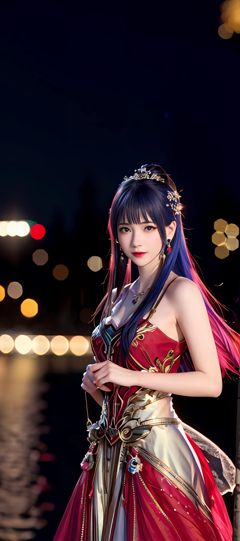 realisticity: 1.2), best quality, masterpiece, highres, cg, 1girl, weapon, sword, long hair, dress, water, solo, jewelry, red dress, earrings, hair ornament, splashing, upper body super realistis, hair bun, blue and pink hair, city backgraun realistis, lighting,candid, Photograph, high resolution, 8k, 10k, Bokeh,