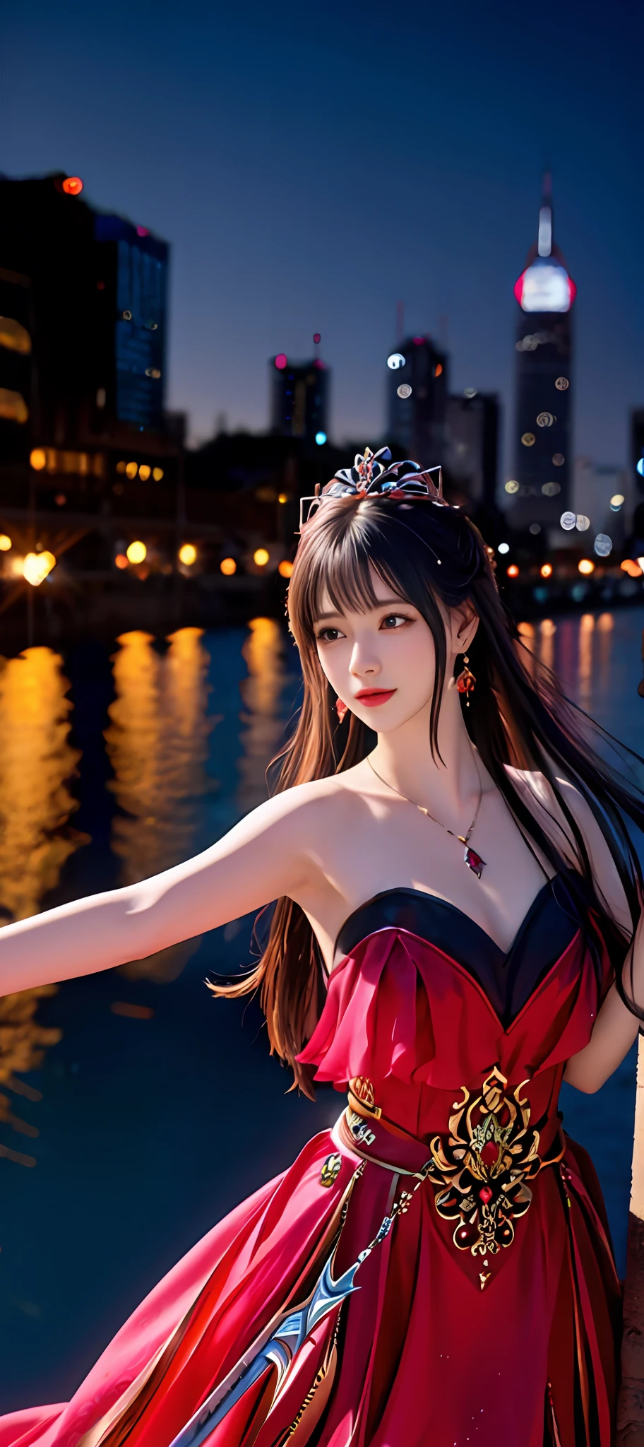 realisticity: 1.2), best quality, masterpiece, highres, cg, 1girl, weapon, sword, long hair, dress, water, solo, jewelry, red dress, earrings, hair ornament, splashing, upper body super realistis, hair bun, blue and pink hair, city backgraun realistis, lighting,candid, Photograph, high resolution, 8k, 10k, Bokeh,