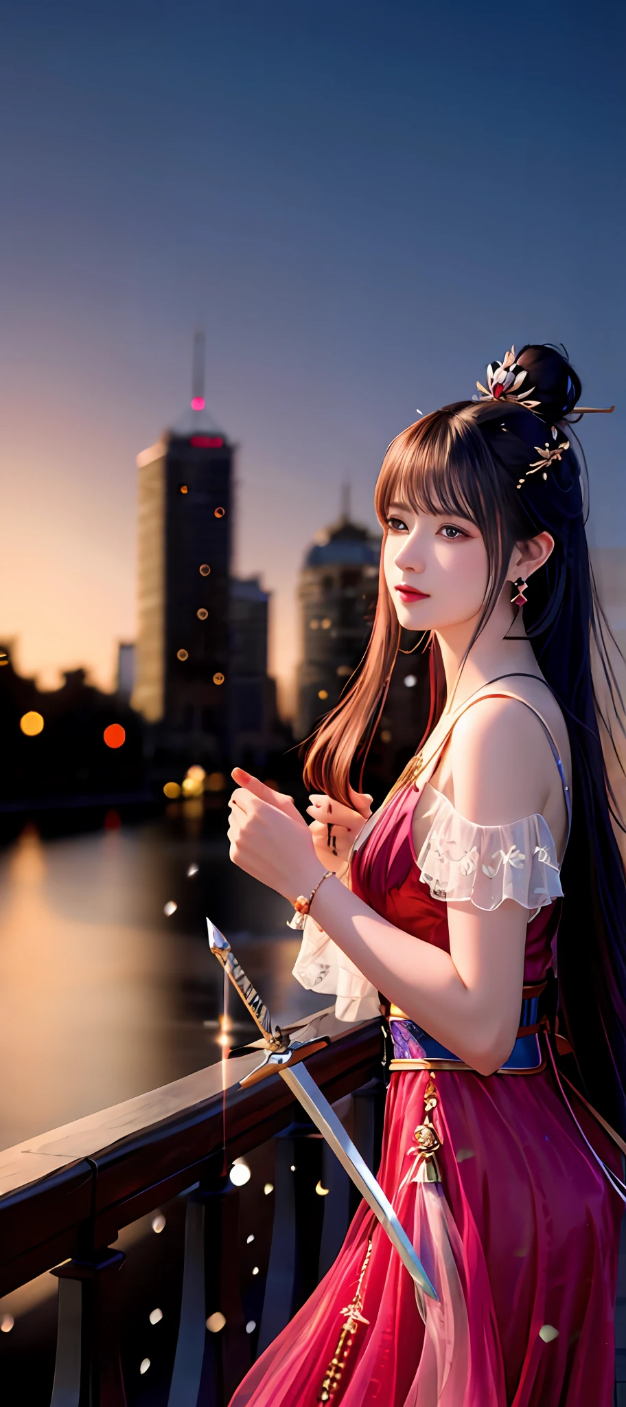 realisticity: 1.2), best quality, masterpiece, highres, cg, 1girl, weapon, sword, long hair, dress, water, solo, jewelry, red dress, earrings, hair ornament, splashing, upper body super realistis, hair bun, blue and pink hair, city backgraun realistis, lighting,candid, Photograph, high resolution, 8k, 10k, Bokeh,