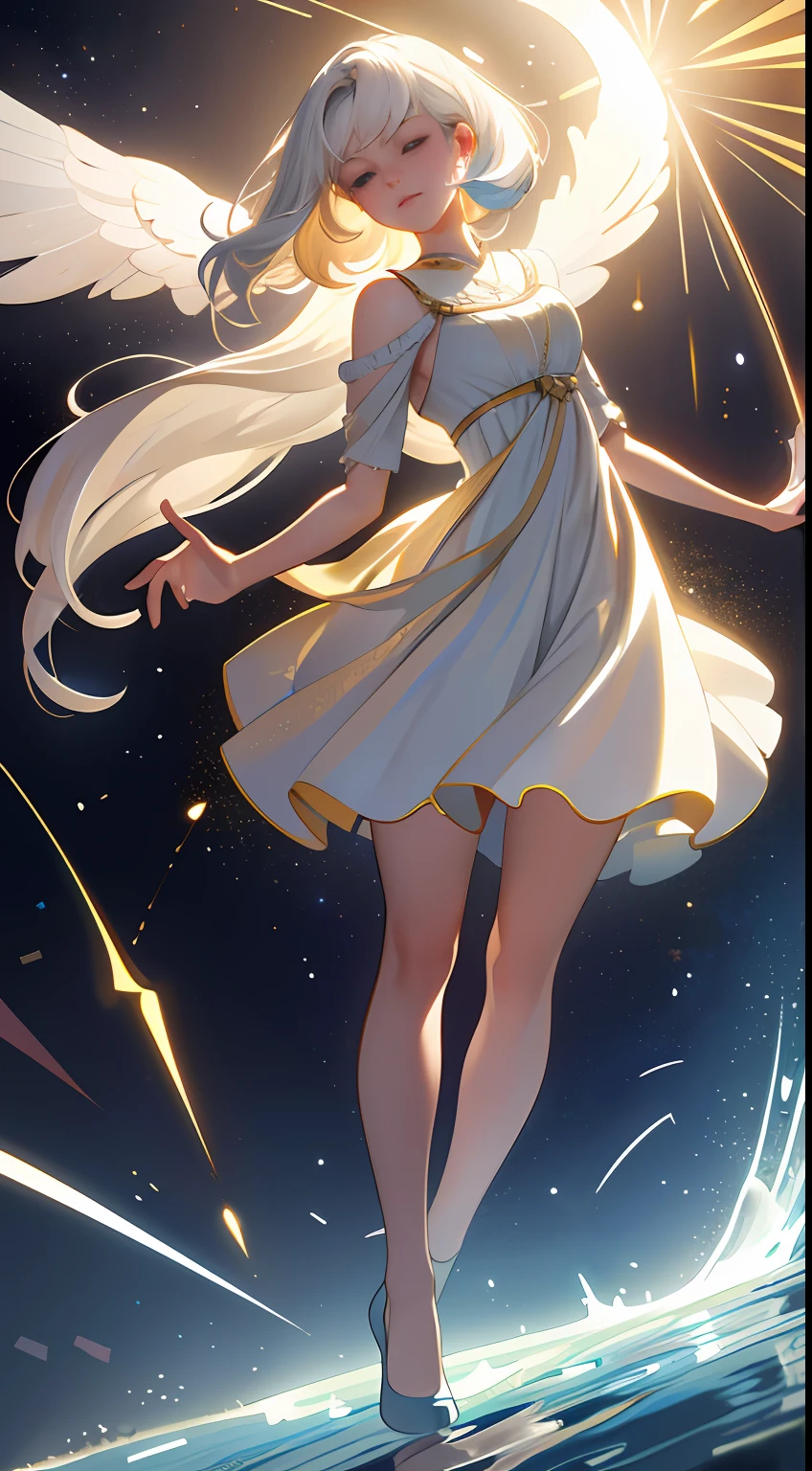 (8k, RAW photo, best quality, masterpiece: 1.2), (realistic, photorealistic: 1.37), ((best quality)), ultra high resolution, extremely detailed 8k CG wallpaper, physics-based rendering, cinematic lighting, full body, (bokeh: 1.4), ((((1girl))), (oval face), closed face
White-haired girl with multicolored shines, surrounded by a golden, heavenly, beautiful, bright aura,