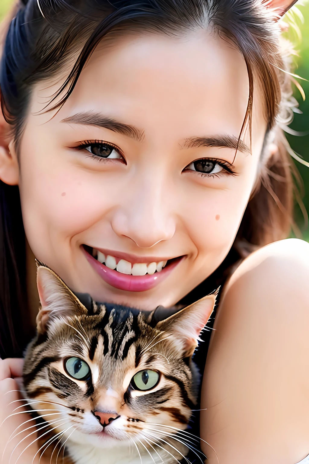 Happy girl holding a cat、Laugh、Ultra-realistic capture, Highly detailed, High resolution 16k close-up of human skin. Skin texture must be natural, Detailed enough to finely identify pores. Skin should look healthy, In a uniform tone. Use natural light and color