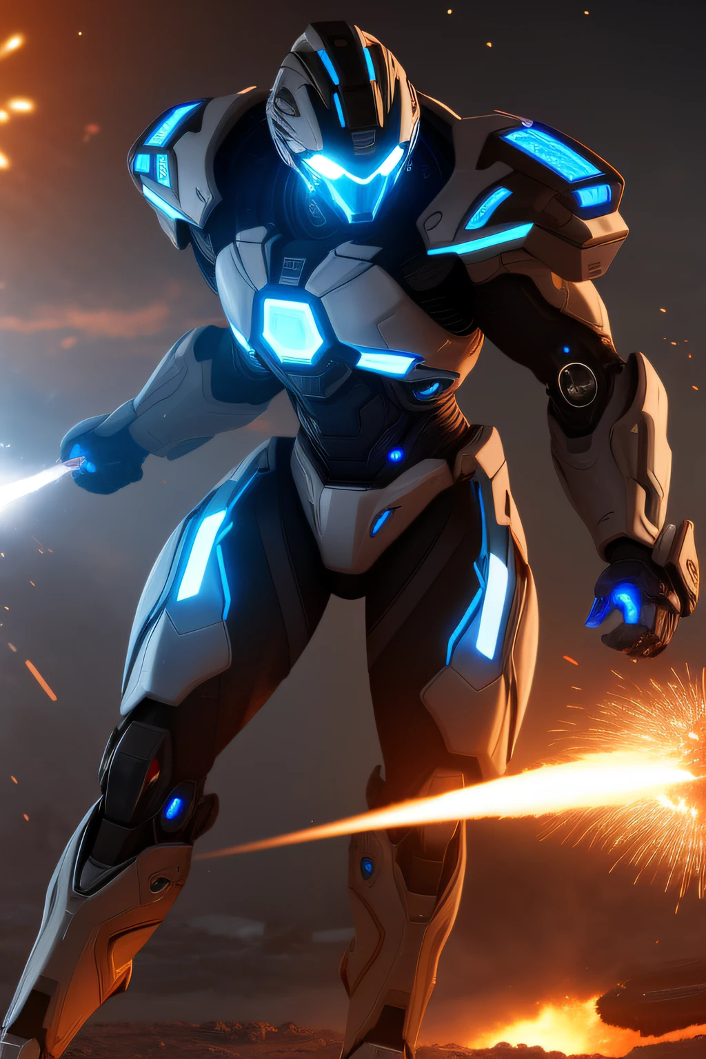 male cyborg, futuristic, blue lighting details, explosion in background, glowing shrapnel, 4k, ultra realistic, apocalyptic background, explosions in background