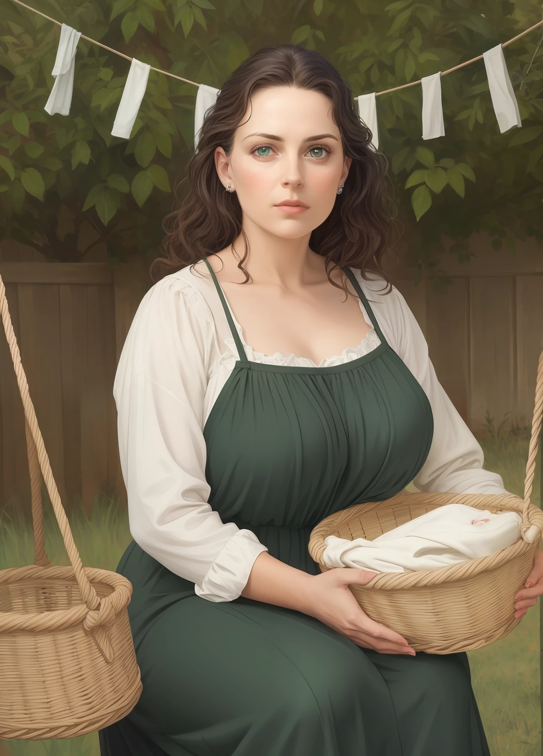 American 1950's Mother 30 years old hanging out the wash on a clothes line while her  plays in a wicker basket, proportional eyes, (realistic:1.5),photorealistic, hyper realistic, (extremely detailed eyes), hyper detailed, soft lighting, (detailed background), extreme detail background, sharp details, ((full body)), female1girl, portrait, oil painting, modern, realistic proportions, dark green eyes, beautiful face, symmetrical face, symmetrical eyes, dynamic pose, intricate, intricate details, sharp focus