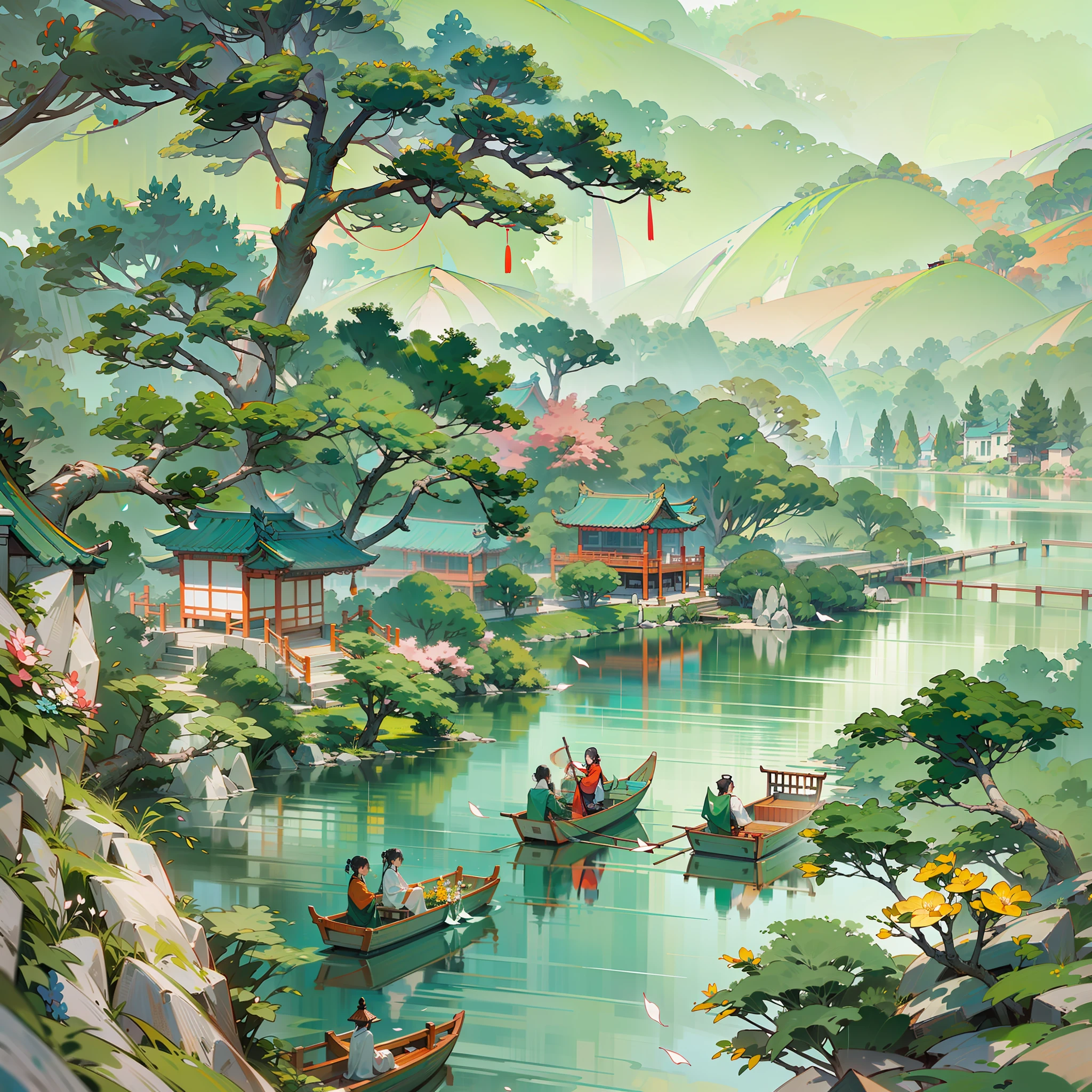 Spring has sprung,Grandiose scenes,Gangnam scenery,Flowers red willow green,Turquoise Lake(Turquoise Lake × 2.0),Calm lake,West Lake view,A small boat with a colorful canopy(There is only one),On board sat an ancient Chinese poet(only one),【The boat contrasts with the wide lake】,Drizzle(Rainy days),rain,Mist,Green trees,Faraway view,a sense of atmosphere,China-style,In the distance, A corner of the pavilion looms,Ancient China,vibrant with colors,Rule of thirds composition, Highest image quality,visual shock。