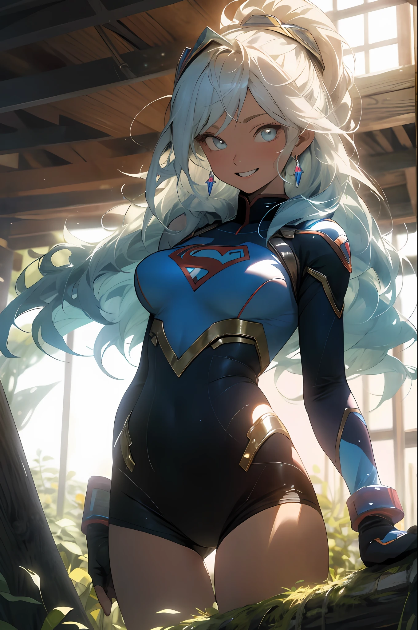 (RAW photo, Best quality),  extremely detailed CG unity 8k壁纸，ink，astounding，电影灯光，lens_flare，dunhuang_Style，beautiful lady, Alphonse Mucha's style, light reflections, Oil painting, voluminetric lighting,sexy big breasts exposed，1female，36 years old，Huge breasts， 独奏， Supergirl，Wearing a blue Superman uniform， coniferous forest，  She has long flowing hair， Bare genitalia， standing on your feet，Bigchest，Wet straight hair，Sweat profusely，drenched all over the body，frontage， hair straight， mostly cloudy sky，（（（tmasterpiece），（Very detailed CG unity 8K wallpaper），best qualtiy，cinmatic lighting，detailed back ground，beatiful detailed eyes，Bright pupils，（Very fine and beautiful），（Beautiful and detailed eye description），ultra - detailed，tmasterpiece，）），facing at camera，A high resolution，ultra - detailed），beautifullegs，Very long hair，legs are open，Emotive expressions，Smile，Open-mouthed，Flushed complexion，Chest sagging，nakeness， Bulge，Expose the genitals，revealing breasts，Camel toes，with no underpants，extremely large bosom，Extremely colorful，Most detailed，fully body photo，The face is well lit