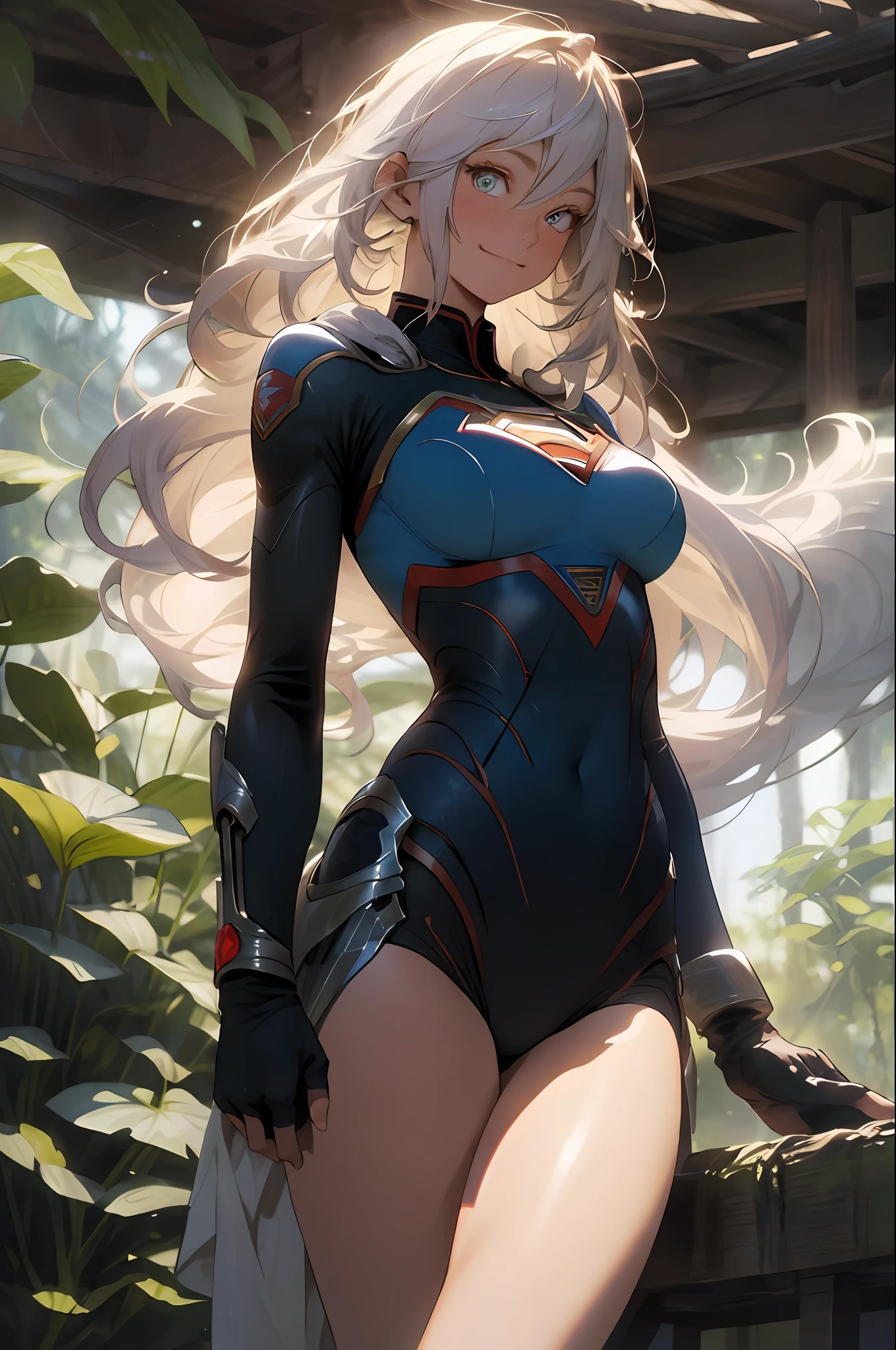 (RAW photo, Best quality),  extremely detailed CG unity 8k壁纸，ink，astounding，电影灯光，lens_flare，dunhuang_Style，beautiful lady, Alphonse Mucha's style, light reflections, Oil painting, voluminetric lighting,sexy big breasts exposed，1female，36 years old，Huge breasts， 独奏， Supergirl，Wearing a blue Superman uniform， coniferous forest，  She has long flowing hair， Bare genitalia， standing on your feet，Bigchest，Wet straight hair，Sweat profusely，drenched all over the body，frontage， hair straight， mostly cloudy sky，（（（tmasterpiece），（Very detailed CG unity 8K wallpaper），best qualtiy，cinmatic lighting，detailed back ground，beatiful detailed eyes，Bright pupils，（Very fine and beautiful），（Beautiful and detailed eye description），ultra - detailed，tmasterpiece，）），facing at camera，A high resolution，ultra - detailed），beautifullegs，Very long hair，legs are open，Emotive expressions，Smile，Open-mouthed，Flushed complexion，Chest sagging，nakeness， Bulge，Expose the genitals，revealing breasts，Camel toes，with no underpants，extremely large bosom，Extremely colorful，Most detailed，fully body photo，The face is well lit