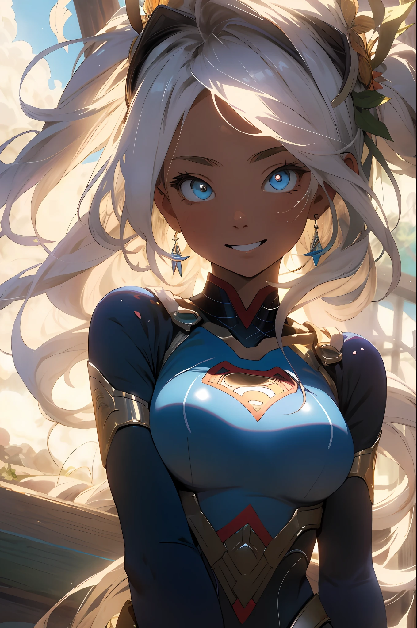 (RAW photo, Best quality),  extremely detailed CG unity 8k壁纸，ink，astounding，电影灯光，lens_flare，dunhuang_Style，beautiful lady, Alphonse Mucha's style, light reflections, Oil painting, voluminetric lighting,sexy big breasts exposed，1female，36 years old，Huge breasts， 独奏， Supergirl，Wearing a blue Superman uniform， coniferous forest，  She has long flowing hair， Bare genitalia， standing on your feet，Bigchest，Wet straight hair，Sweat profusely，drenched all over the body，frontage， hair straight， mostly cloudy sky，（（（tmasterpiece），（Very detailed CG unity 8K wallpaper），best qualtiy，cinmatic lighting，detailed back ground，beatiful detailed eyes，Bright pupils，（Very fine and beautiful），（Beautiful and detailed eye description），ultra - detailed，tmasterpiece，）），facing at camera，A high resolution，ultra - detailed），beautifullegs，Very long hair，legs are open，Emotive expressions，Smile，Open-mouthed，Flushed complexion，Chest sagging，nakeness， Bulge，Expose the genitals，revealing breasts，Camel toes，with no underpants，extremely large bosom，Extremely colorful，Most detailed，fully body photo，The face is well lit