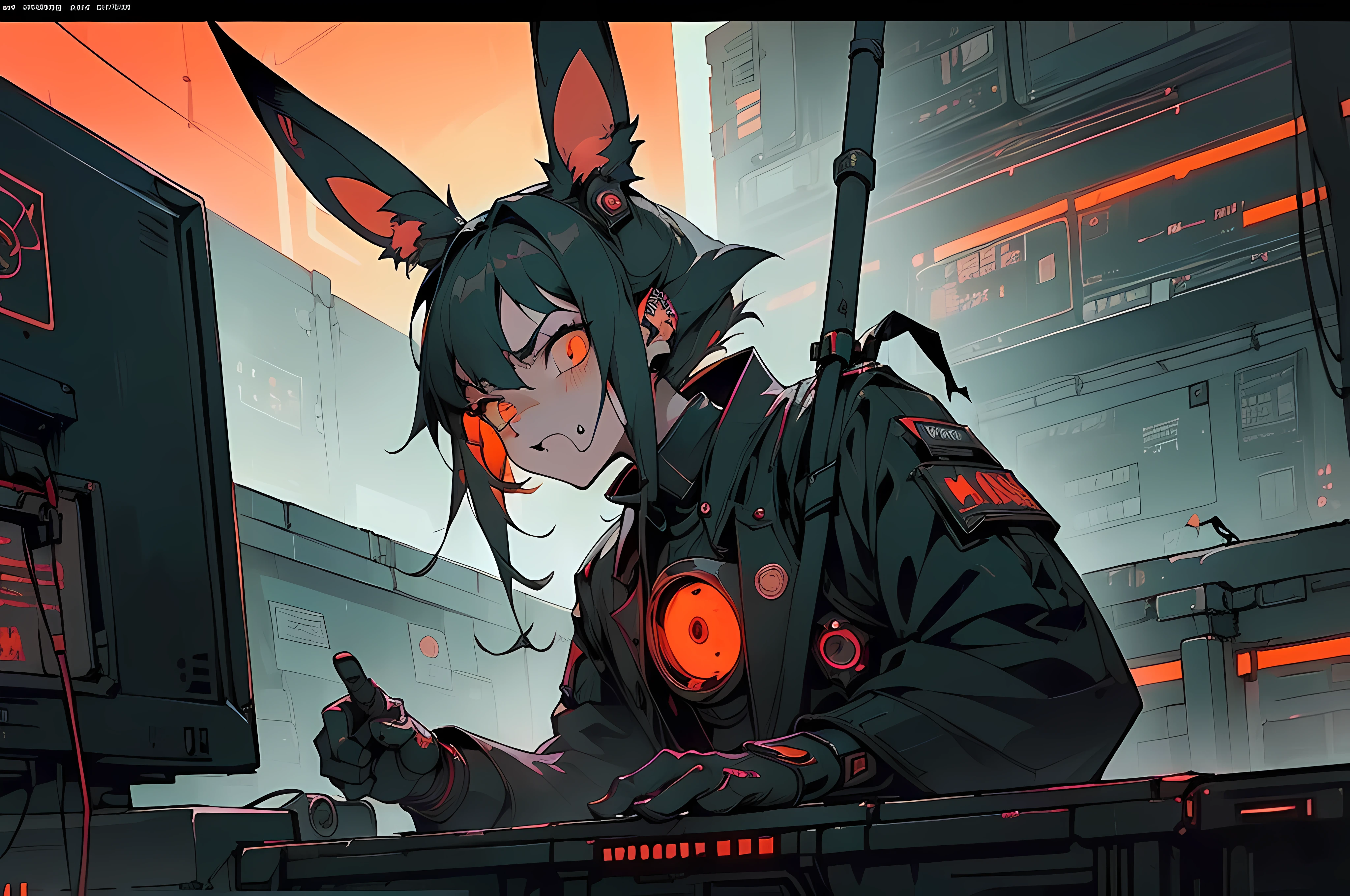 (((cyberpunk bleak bleak bleak dark black black black bleak gray))), vampire hunter d, (vintage vhs), (crt screenshot), (((dark scene))), (((dark cloudy scene))), (((angel's egg anime))), (((serial experiments lain anime))), (((dystopian basement scene))), (((unlit nighttime scene))), (((dark abandoned cyberpunk glowing screens lab house))), (((angry black anthro kemono furry rabbit kommisar gestapo officer fighter with uniform and tall bunny ears exploring old computer screens))), (((cyberpunk dystopian headquarters filled with glowing computer monitors and red screens))), anime black rabbit gestapo with futuristic hair and piercing glowing eyes and tall bunny ears commander, anime art, anime aesthetic, (((old electronics in background cel art))), kemono anime rabbit man, wearing cybernetic bunny ears, angry male fighter --v6