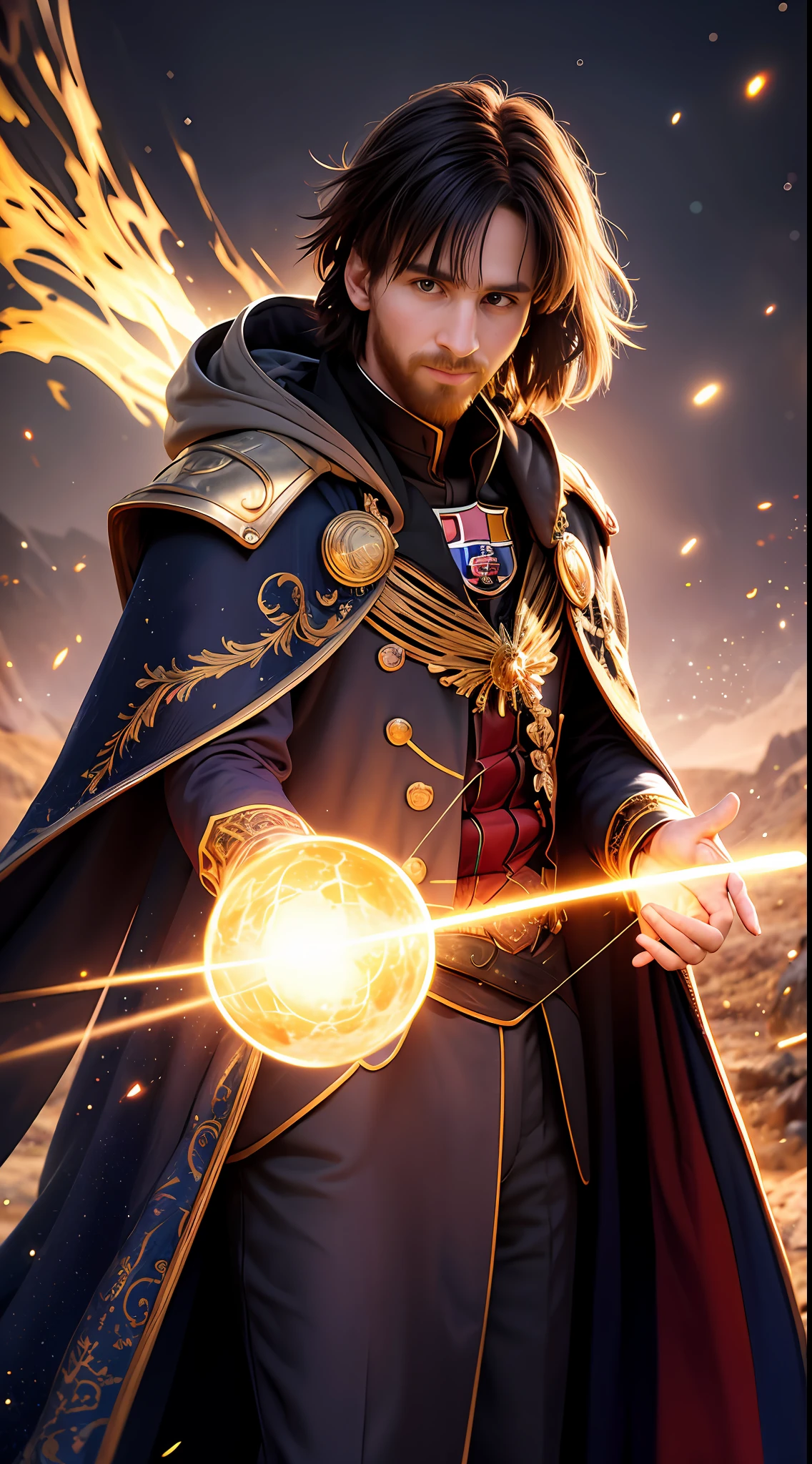 Lionel.Messi wears a magician's cloak，(skin indentation:1.5), realisticlying, realisticlying, (Masterpiece:1.5), concept-art, intricately details, Highly detailed, realisticlying, rendering by octane, 8K, unreal-engine, dynamicposes, Best quality at best, A high resolution, (photorealiscic face:1.1), (Hyper-realistic:1.1), ((full_Body)), (very highly detailed background), ((Dynamic background) ), ((salama)), (llight rays), ((Lionel.Messi)), is wearing casock, (((Flowing cloak))), ((Detailed eyes, High quality eyes, High quality face)), (Extremely complex robes, Magic robes), Cast lightning, eletric, rotating flame, Radiant force, spark of light, smog, magia, ((Dramatic)), Epic, battlefiled, depth of fields, Background bokeh, 4K, gotik, ashes, Particle,Shining glasses，