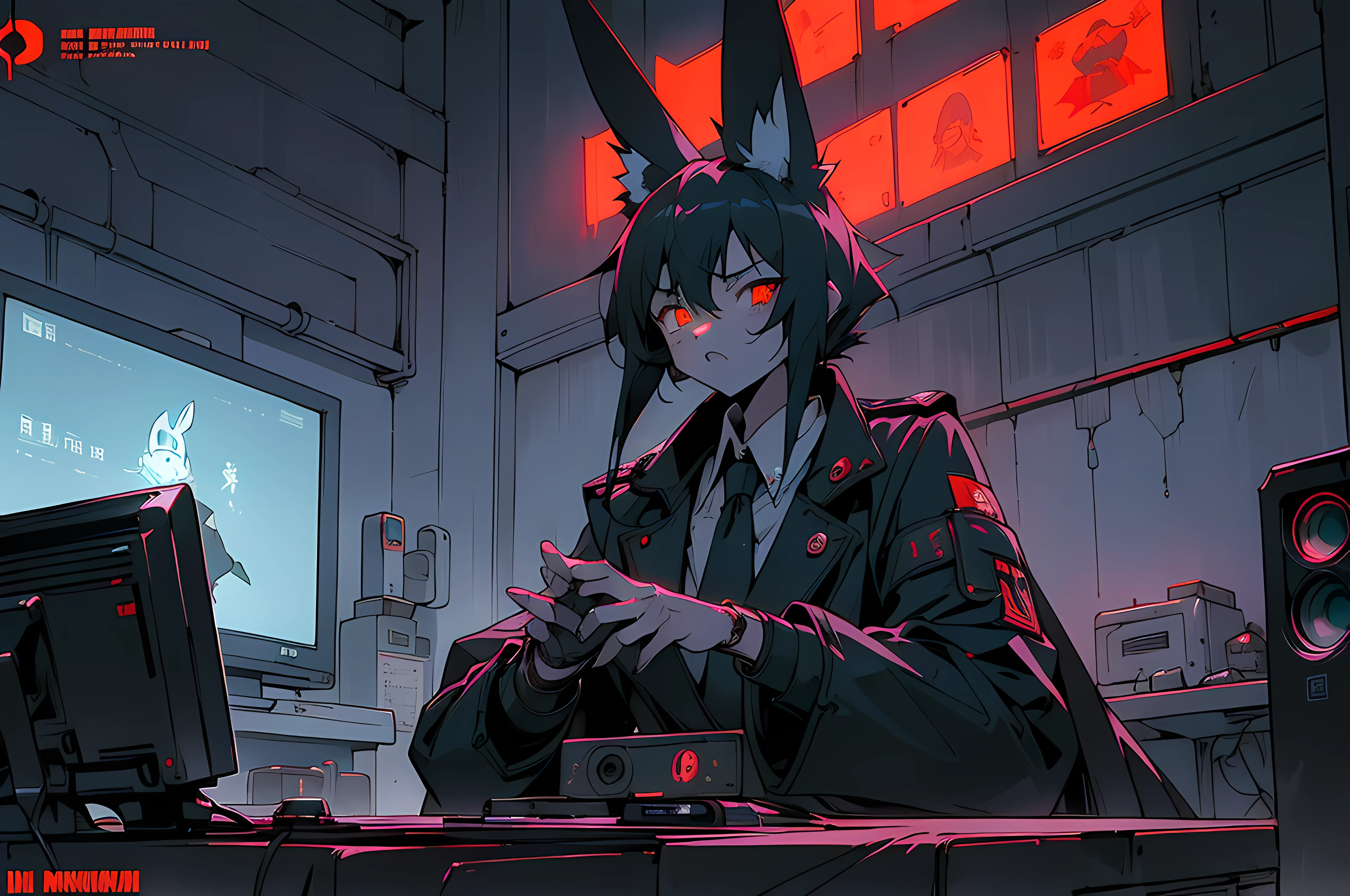 (((cyberpunk bleak bleak bleak dark black black black bleak gray))), vampire hunter d, (vintage vhs), (crt screenshot), (((dark scene))), (((dark cloudy scene))), (((angel's egg anime))), (((serial experiments lain anime))), (((dystopian basement scene))), (((unlit nighttime scene))), (((dark abandoned cyberpunk glowing screens lab house))), (((angry black anthro kemono furry rabbit kommisar gestapo officer fighter with uniform and tall bunny ears exploring old computer screens))), (((cyberpunk dystopian headquarters filled with glowing computer monitors and red screens))), anime black rabbit gestapo with futuristic hair and piercing glowing eyes and tall bunny ears commander, anime art, anime aesthetic, (((old electronics in background cel art))), kemono anime rabbit man, wearing cybernetic bunny ears, angry male fighter --v6