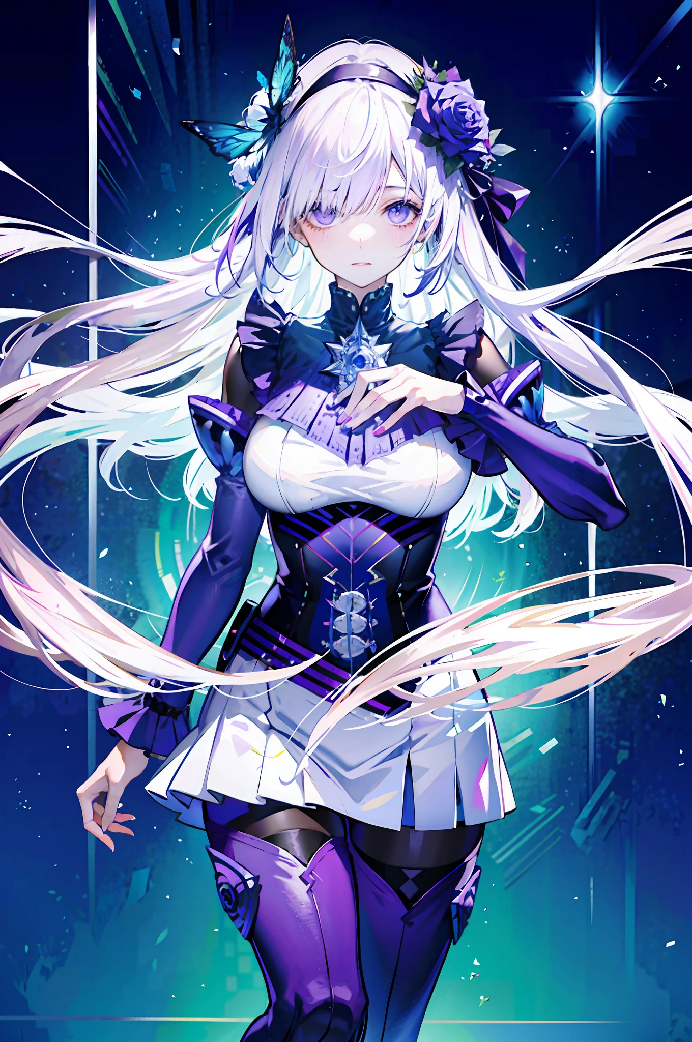 silber hair,butterflys,long whitr hair,8k wallpaper,detailedbackground,Highest high resolution,deep v big breasts,Hair covers one eye,Bandeau,Church background,Purple roses,tight-fitting,themoon,high-heels