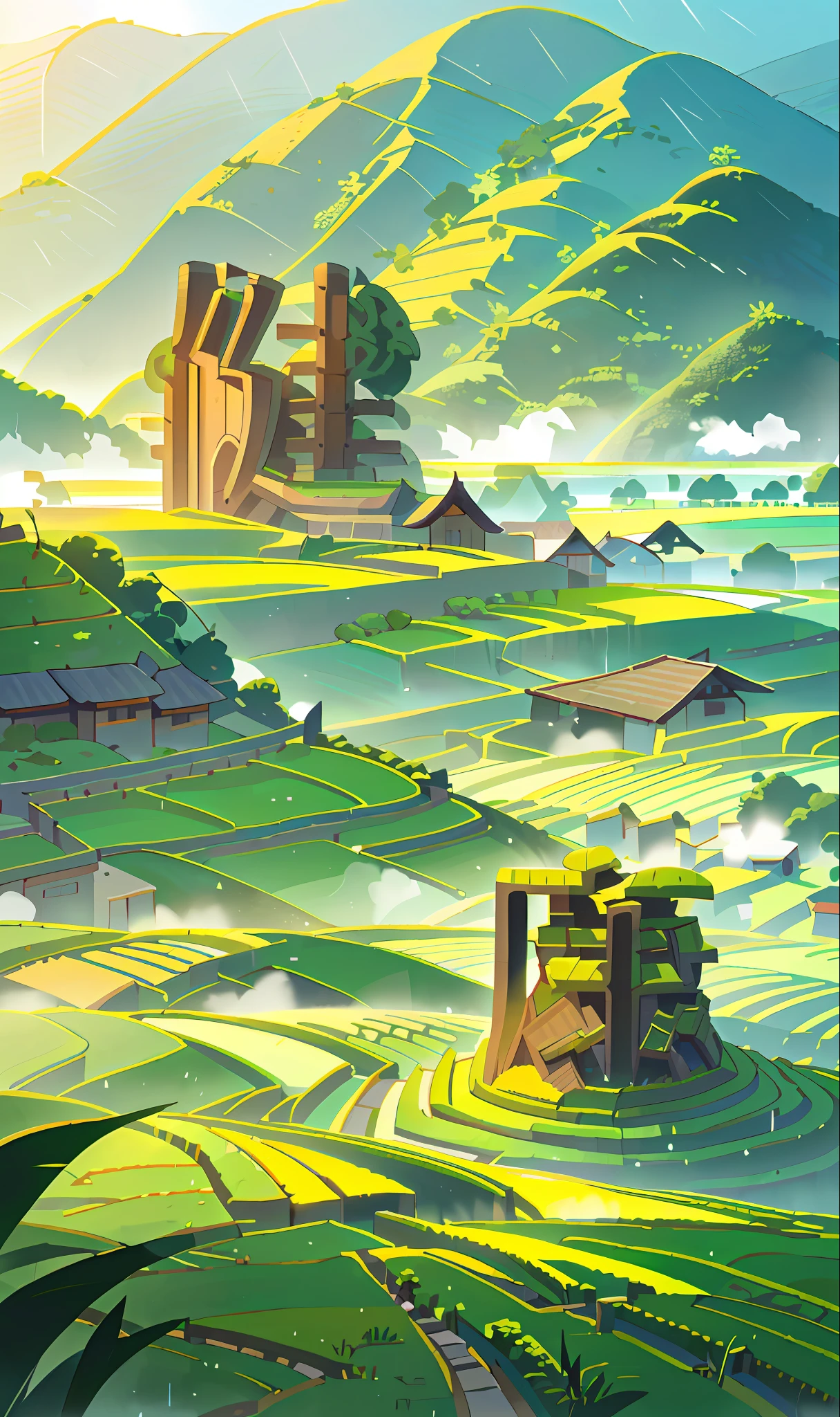 Large expanses of terraced fields, mountains, huts, with rice fields, rice fields, neat rice seedlings in the fields, misty rain, villages, agriculture, in the tranquil landscape, misty weather, in the vast tranquil landscape, in the early morning, in the morning mist, behind a small village, mist, Japanese countryside, thatched roofs --v 6