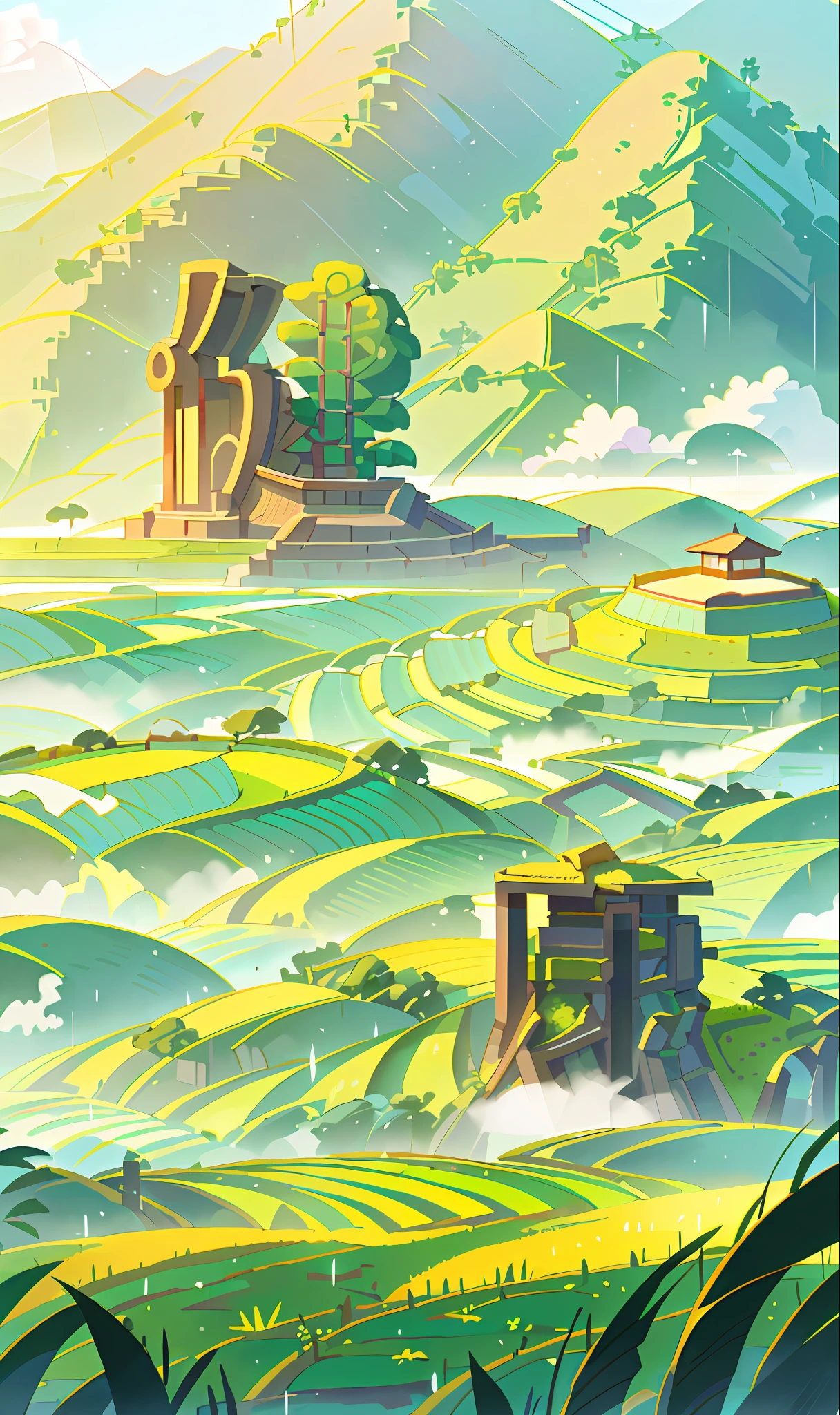 Large expanses of terraced fields, mountains, huts, with rice fields, rice fields, neat rice seedlings in the fields, misty rain, villages, agriculture, in the tranquil landscape, misty weather, in the vast tranquil landscape, in the early morning, in the morning mist, behind a small village, mist, Japanese countryside, thatched roofs --v 6