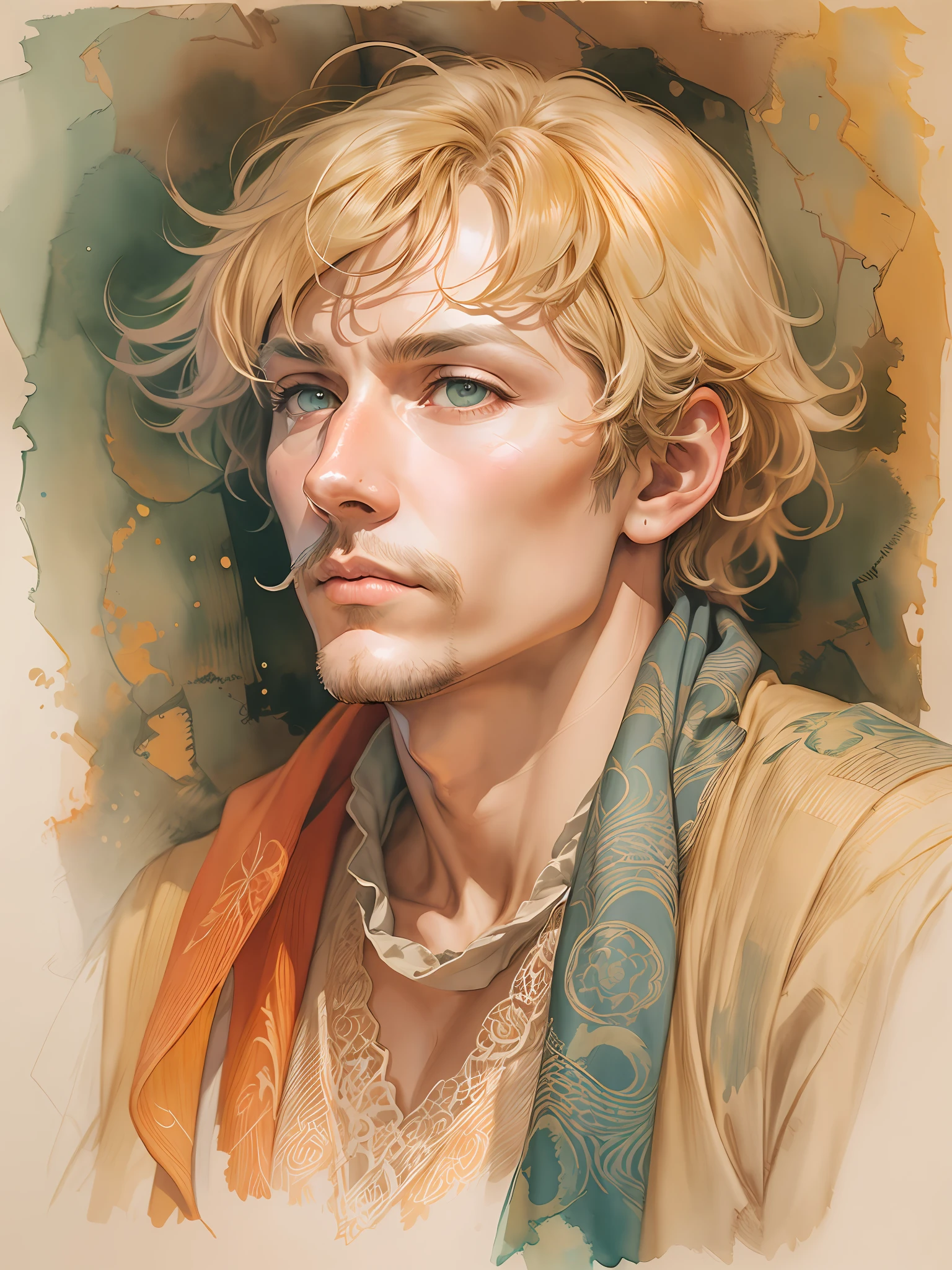 Estilo Brian Froud, Line Art Watercolor Wash, Chiaroscuro, comiс style, retrato de hombre y mujer, dynamic, altamente detallado, Craftsmanship, arte conceptual, suave, enfoque, illustration, arte por arte Jean-Auguste-Dominique Ingres y Carl Larsson, fondo detallado del plano astral, colores dinamicos, warm tones, rayos de luz, 32k UHD