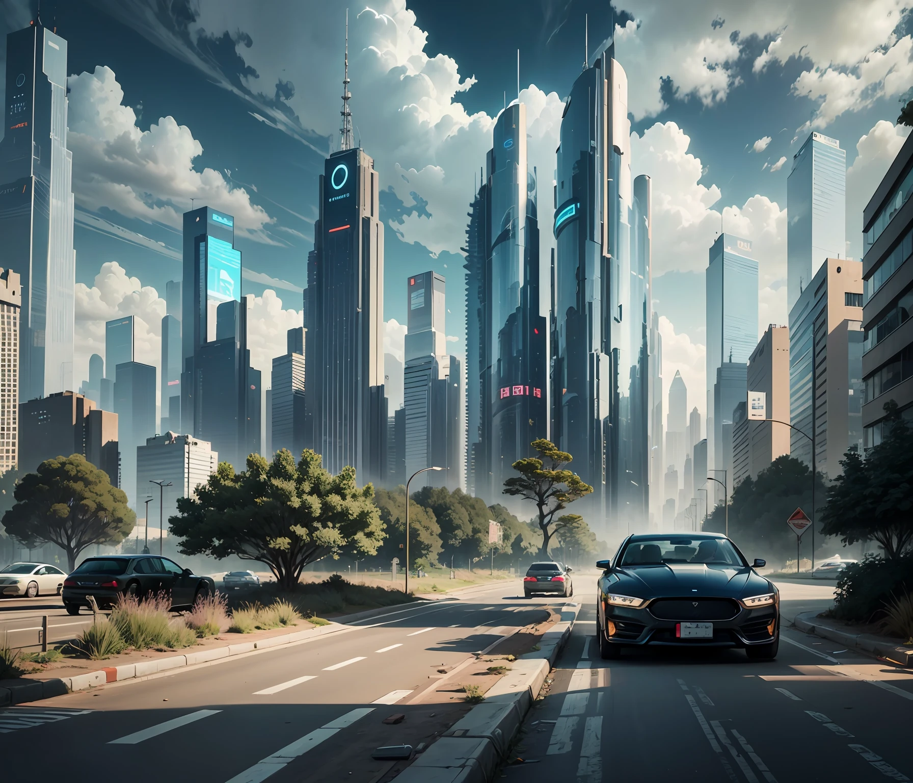 Realistic Landscape of Cyberpunk City, skyscraper in Cyberpunk style, Road with many futuristic cyberpunk vehicle, Cluterred Environment, Tree, Sky and Cloud, ar 16:9 --auto --s2