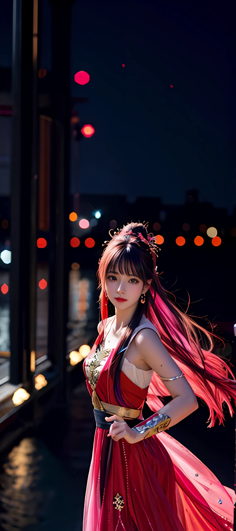 realisticity: 1.2), best quality, masterpiece, highres, cg, 1girl, weapon, sword, long hair, dress, water, solo, jewelry, red dress, earrings, hair ornament, splashing, upper body super realistis, hair bun, blue and pink hair, city backgraun realistis, lighting,candid, Photograph, high resolution, 8k, 10k, Bokeh,