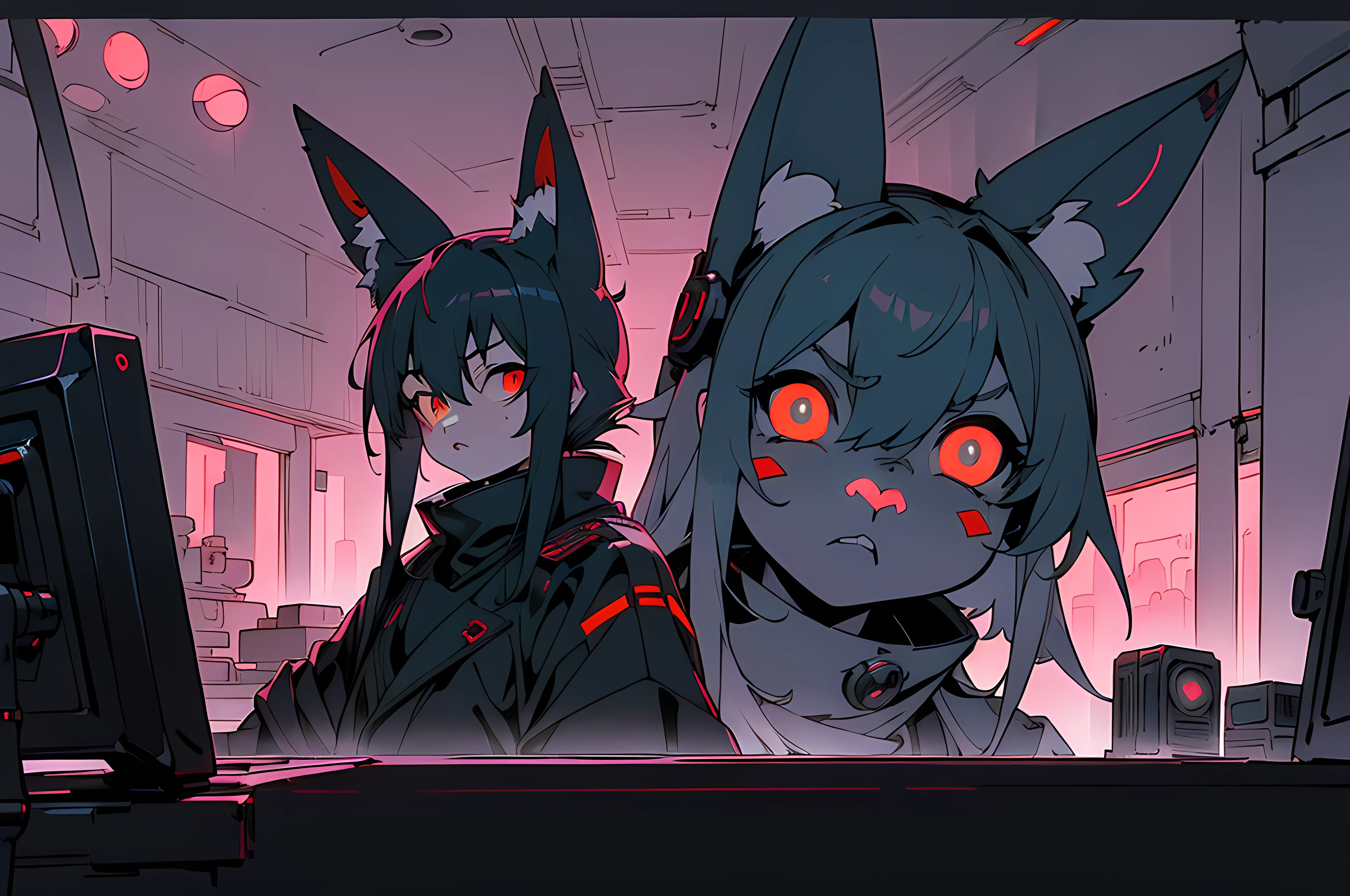 (((cyberpunk bleak bleak bleak dark black black black bleak gray))), vampire hunter d, (vintage vhs), (crt screenshot), (((dark scene))), (((dark cloudy scene))), (((angel's egg anime))), (((serial experiments lain anime))), (((dystopian basement scene))), (((unlit nighttime scene))), (((dark abandoned cyberpunk glowing screens lab house))), (((angry black anthro kemono furry rabbit kommisar gestapo officer fighter with uniform and tall bunny ears exploring old computer screens))), (((cyberpunk dystopian headquarters filled with glowing computer monitors and red screens))), anime black rabbit gestapo with futuristic hair and piercing glowing eyes and tall bunny ears commander, anime art, anime aesthetic, (((old electronics in background cel art))), kemono anime rabbit man, wearing cybernetic bunny ears, angry male fighter --v6