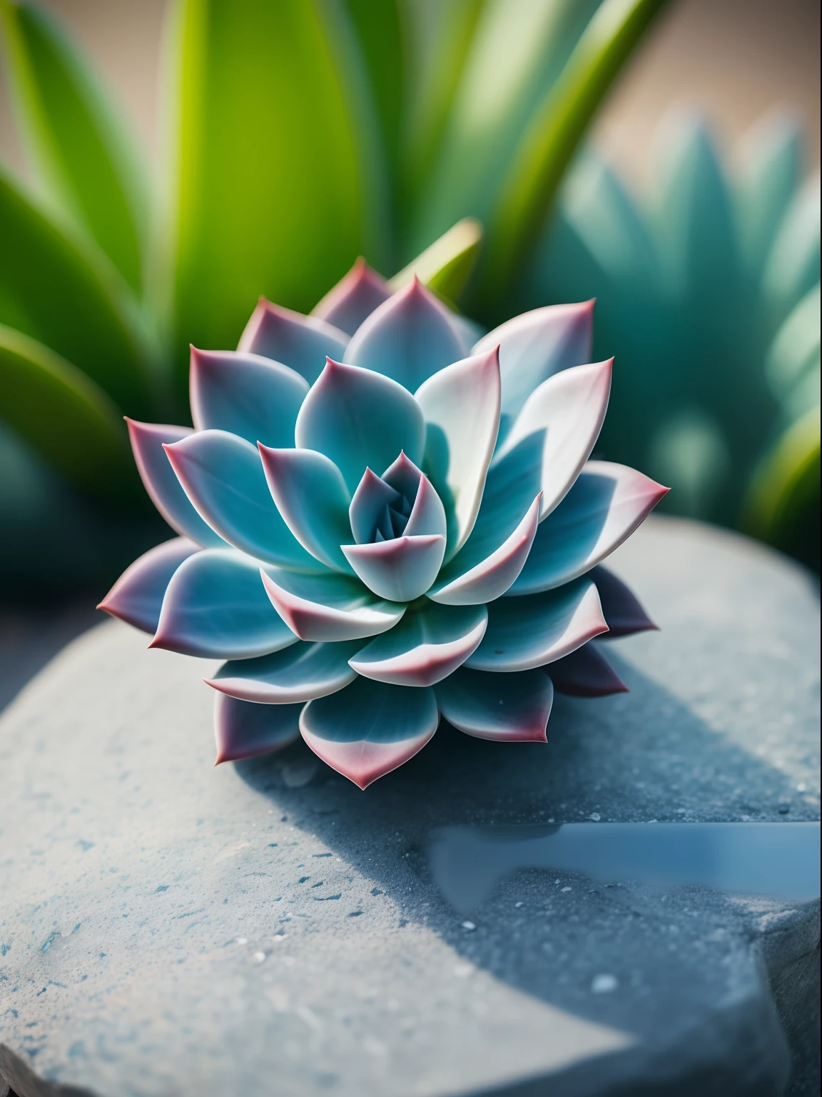 a blue succulent on the stone, hdr, ((complex detail, super detail)), cinematic footage, rich details, bokeh, sunsight behind,