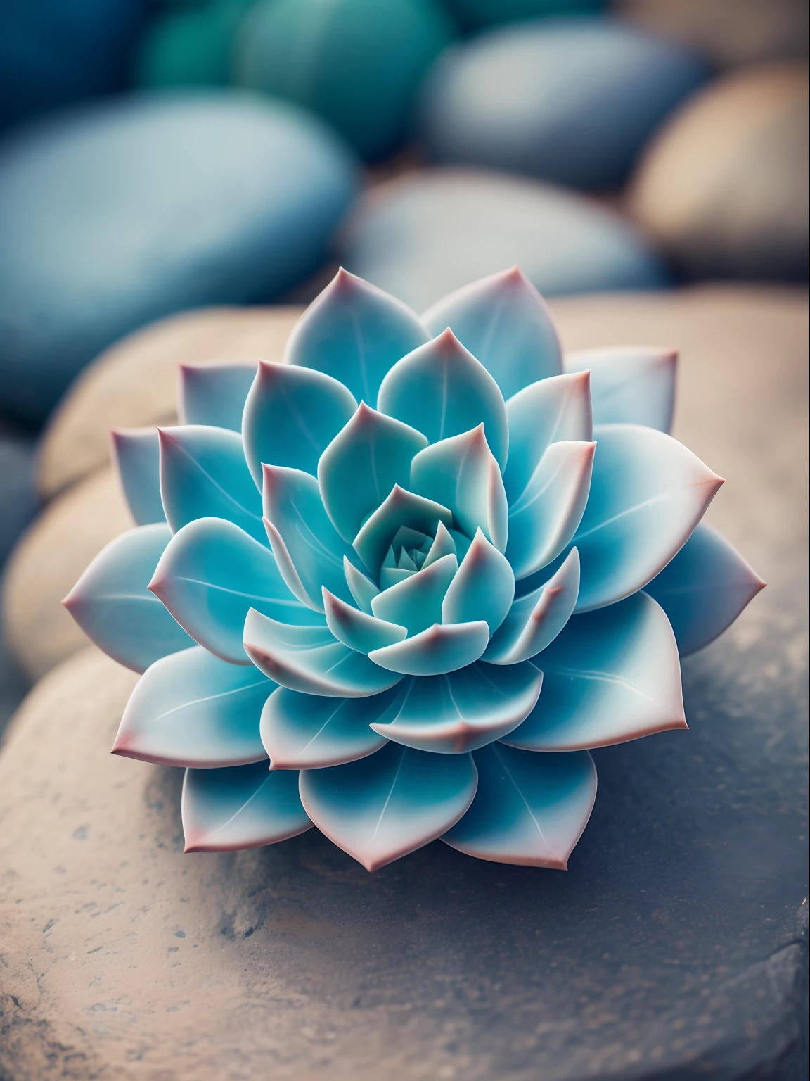 a blue succulent on the stone, hdr, ((complex detail, super detail)), cinematic footage, rich details, bokeh, sunsight behind,