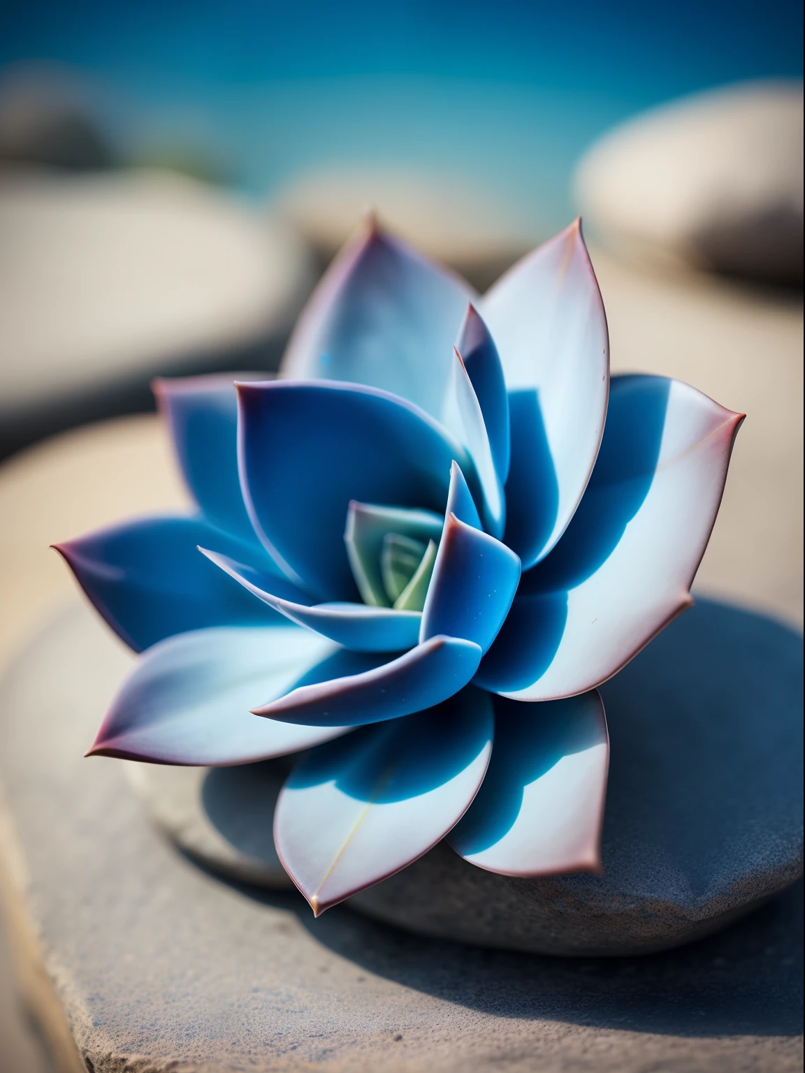 a blue succulent on the stone, hdr, ((complex detail, super detail)), cinematic footage, rich details, bokeh, sunsight behind,