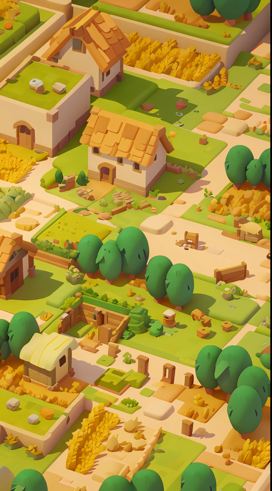 game architecture design, farm, cartoon, a large wheat field, farm, stone, grass, vegetable, wheat, trees, animals, casual play style, 3d, masterpiece, super detail, local, best quality