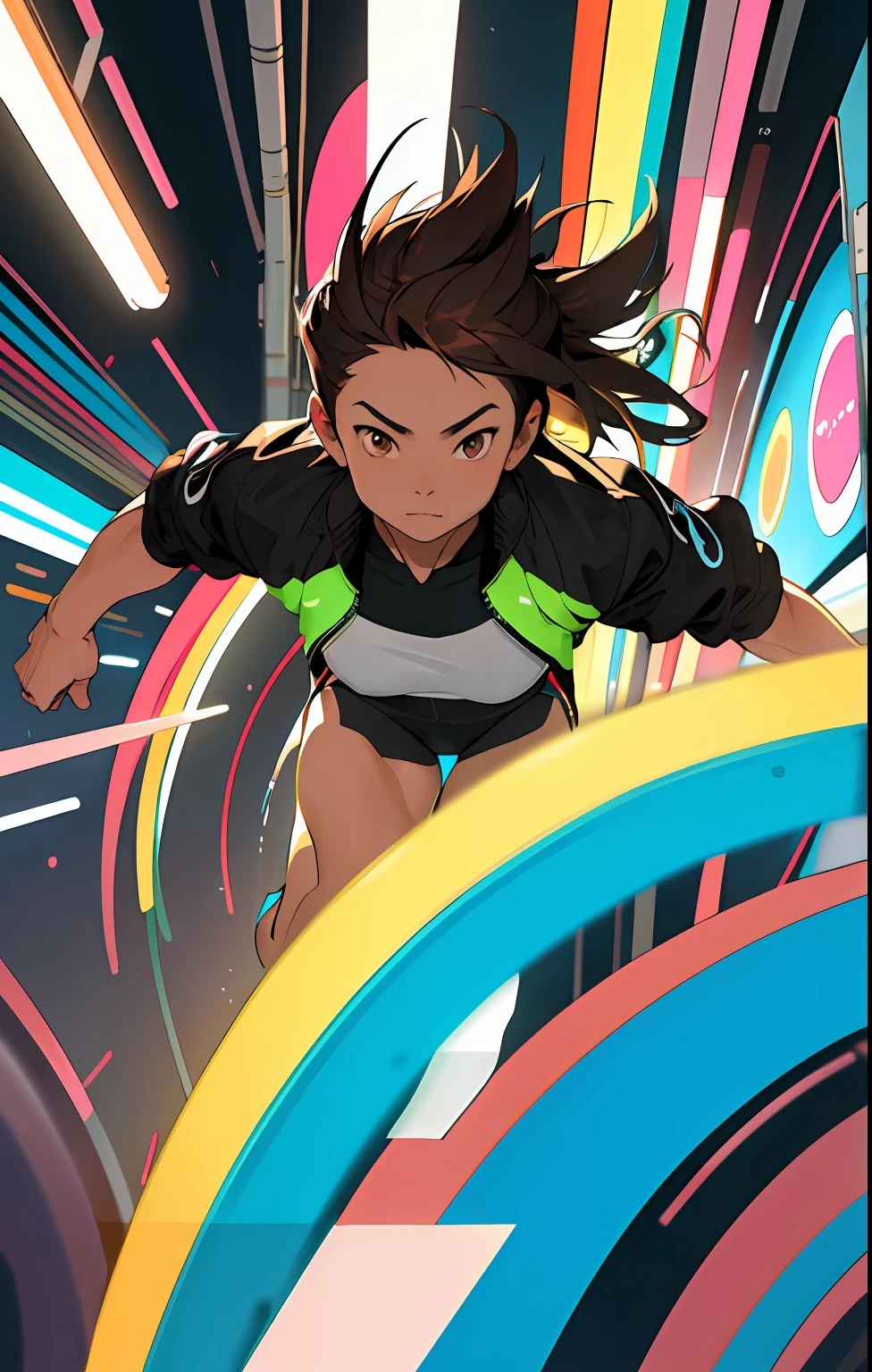 (masterpiece,best quality,absurdres ), 1asianwoman, muscular, detailed eyes, brown eyes, open jacket, running to camera, upper body, (fluorescent lamp),(colorful), ((abstract background)),