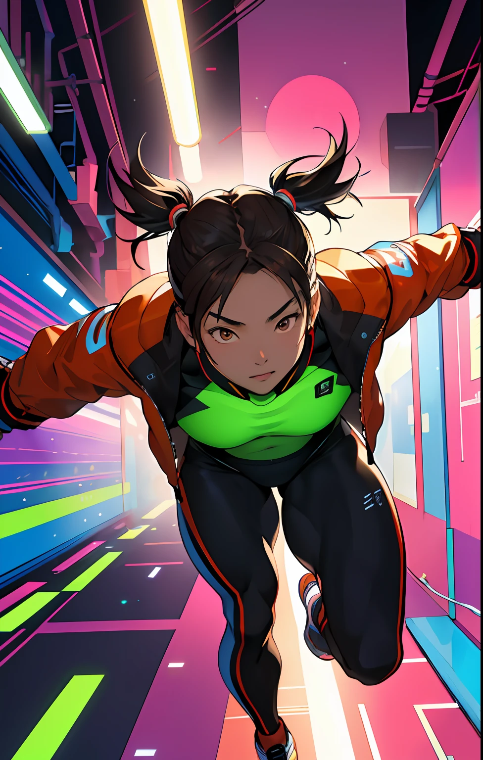 (masterpiece,best quality,absurdres ), 1asianwoman, muscular, detailed eyes, brown eyes, open jacket, running to camera, upper body, (fluorescent lamp),(colorful), ((abstract background)),