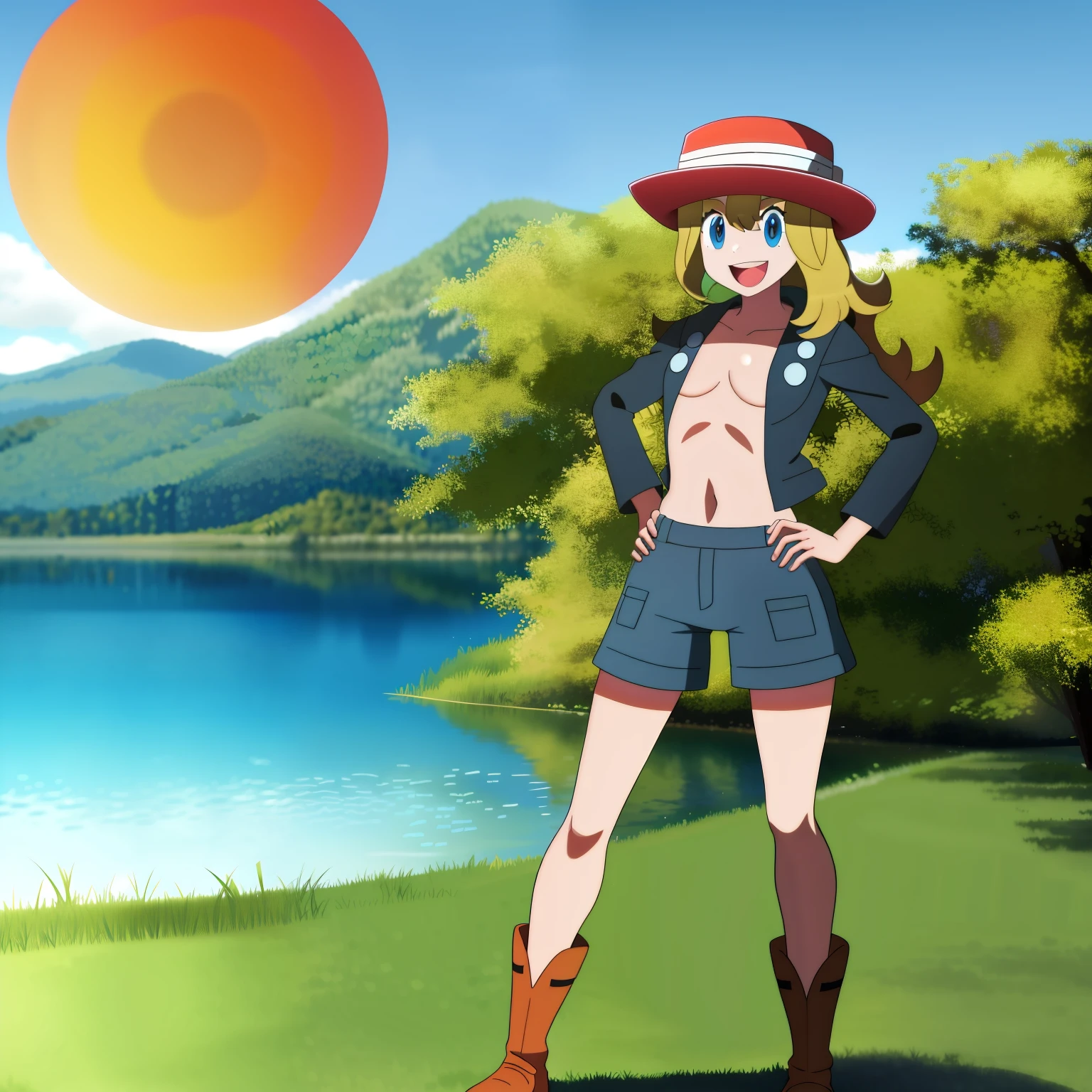 Lake, Sunny, 1girll, Character_Pokemon_Serena, Solo, Cowboy shot, standing, Hands on hips, view the viewer, Smile, Open mouth, Hat, upper legs，barechested，doff，Long boots，no clothes are worn