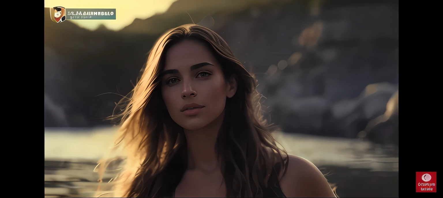 a woman standing in front of a body of water with a mountain in the background, mulher deslumbrante, ela tem um brilho vindo dela, brilho natural difuso da pele, cabo, mulher linda, luz solar intensa, modelo bonito, Summer light, cinematic beautiful natural skin, mulher mais bonita da terra, linda senhora, flawless olive skin, beautiful cheekbones, reboque, rosto deslumbrante