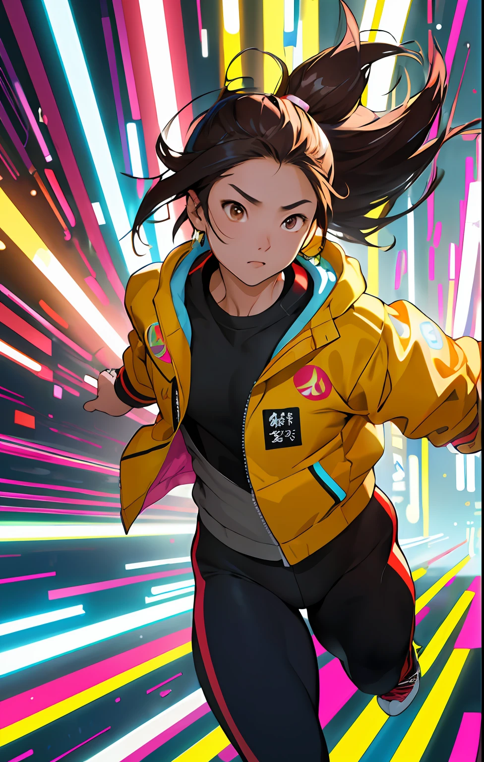 (masterpiece,best quality,absurdres ), 1asianwoman, muscular, detailed eyes, brown eyes, open jacket, running to camera, upper body, (fluorescent lamp),(colorful), ((abstract background)),