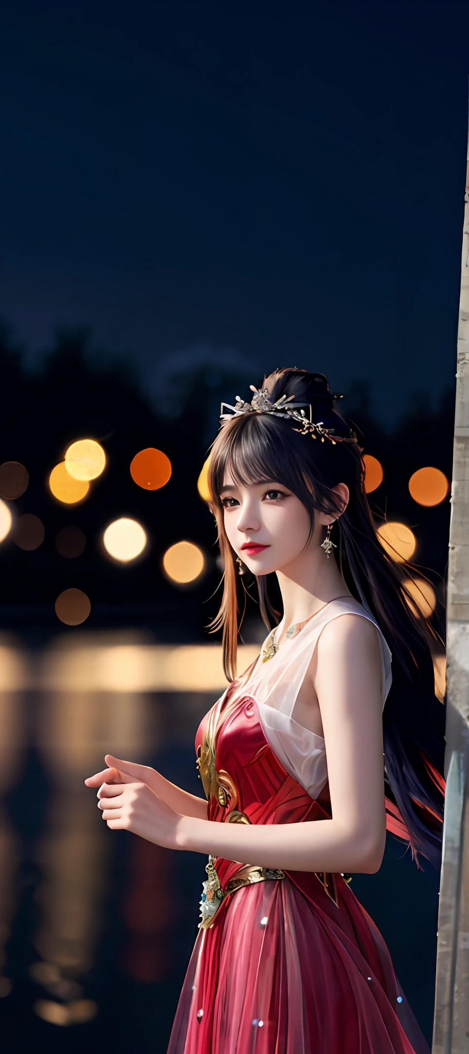realisticity: 1.2), best quality, masterpiece, highres, cg, 1girl, weapon, sword, long hair, dress, water, solo, jewelry, red dress, earrings, hair ornament, splashing, upper body super realistis, hair bun, blue and pink hair, city backgraun realistis, lighting,candid, Photograph, high resolution, 8k, 10k, Bokeh,