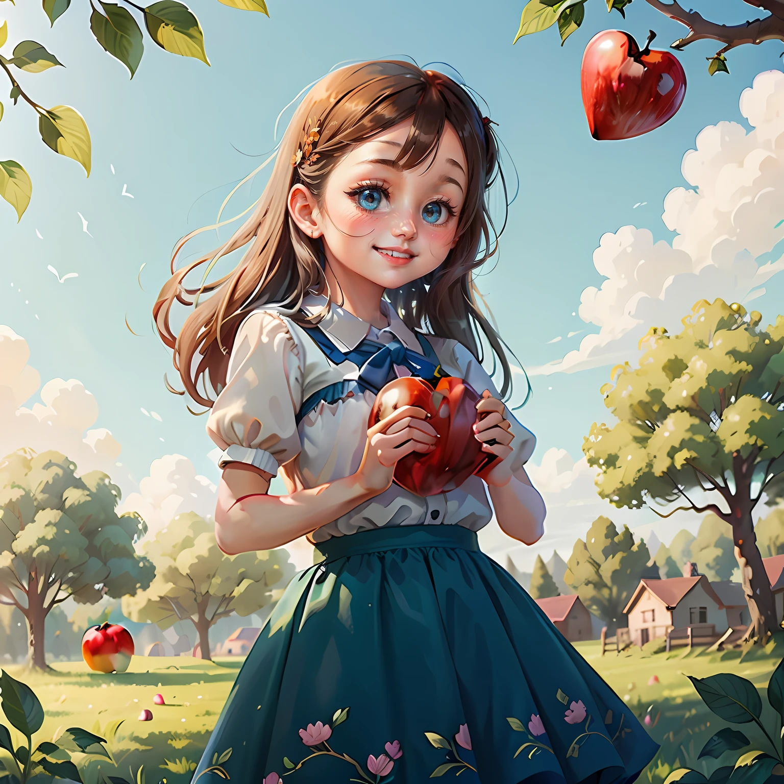 The girl smiled,With love, There are abundant apple trees in the back,Beautiful blue sky and warm sun.